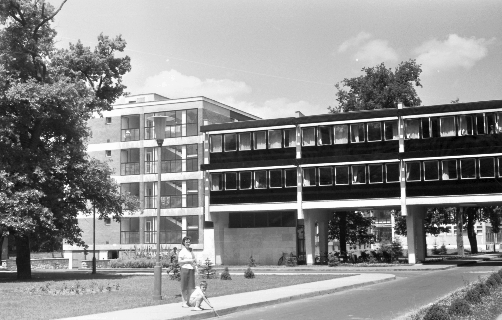 Hungary, Debrecen, Kossuth Lajos Kollégium., 1966, Szánthó Zoltán, street view, genre painting, lamp post, Fortepan #25329
