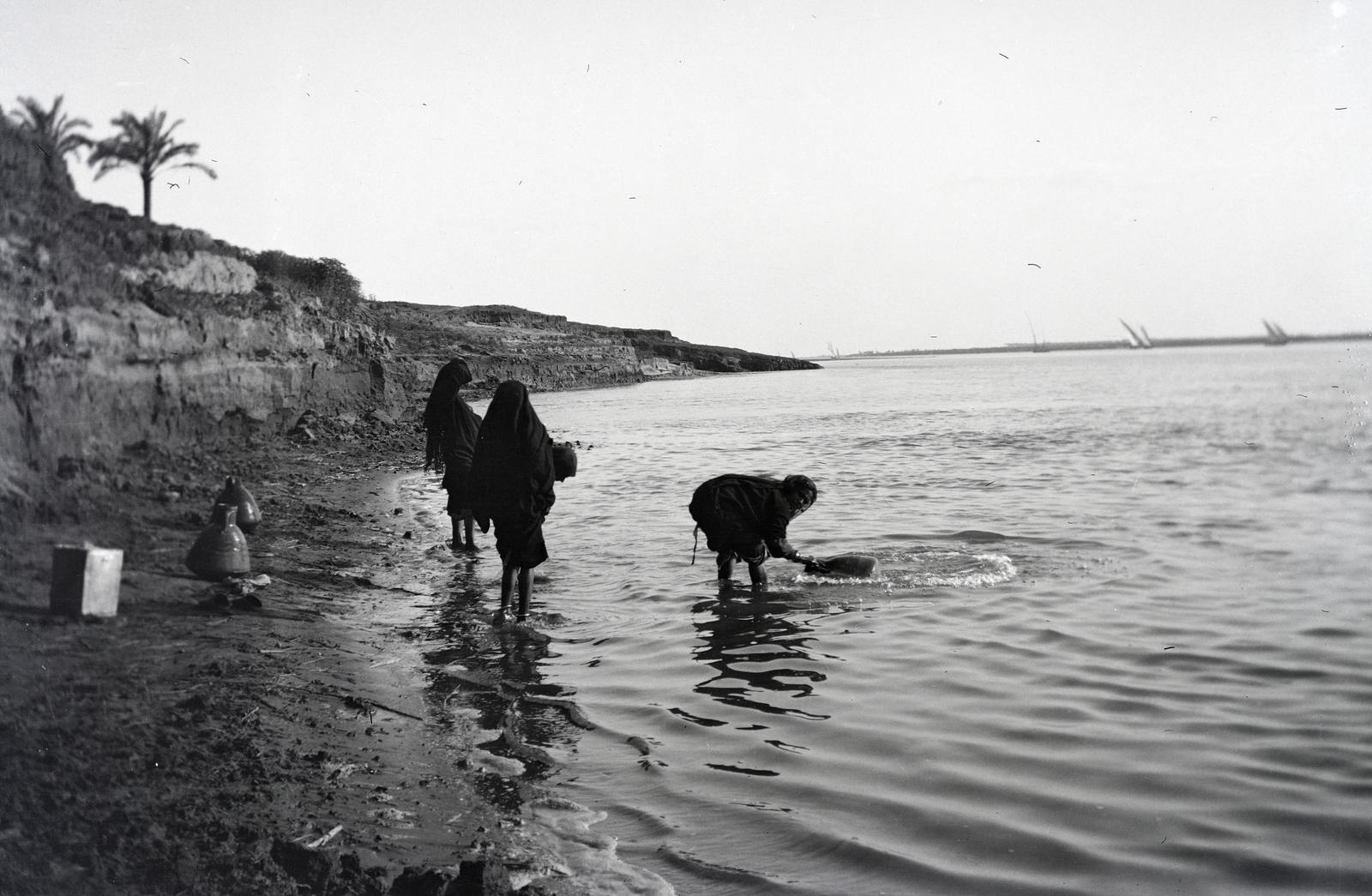 Egypt, Nílus., 1913, Kriszt Béla, water bearer, palm tree, shore, Fortepan #254030