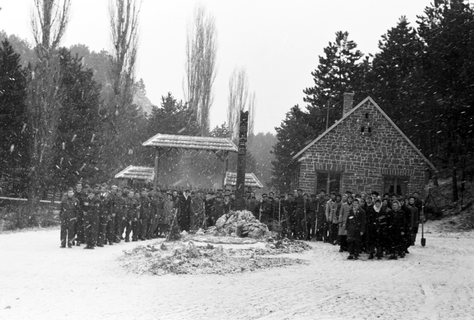 Hungary, Veszprém, a felvétel a veszprémi állatkert, a Kittenberger Kálmán Növény és Vadaskert építésekor készült. Veszprémi egyetemisták önkéntes munkán., 1958, Ungváry Rudolf, monument, Fortepan #254720