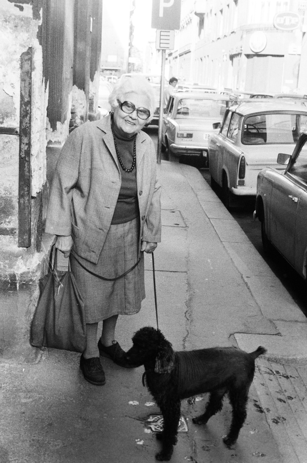 Hungary, Budapest VII., Dob utca a 6-os számú ház elől a Rumbach Sebestyén utca felé nézve., 1984, Bojár Sándor, dog, walk, poodle, walking the dog, Budapest, street view, lady, Fortepan #255440