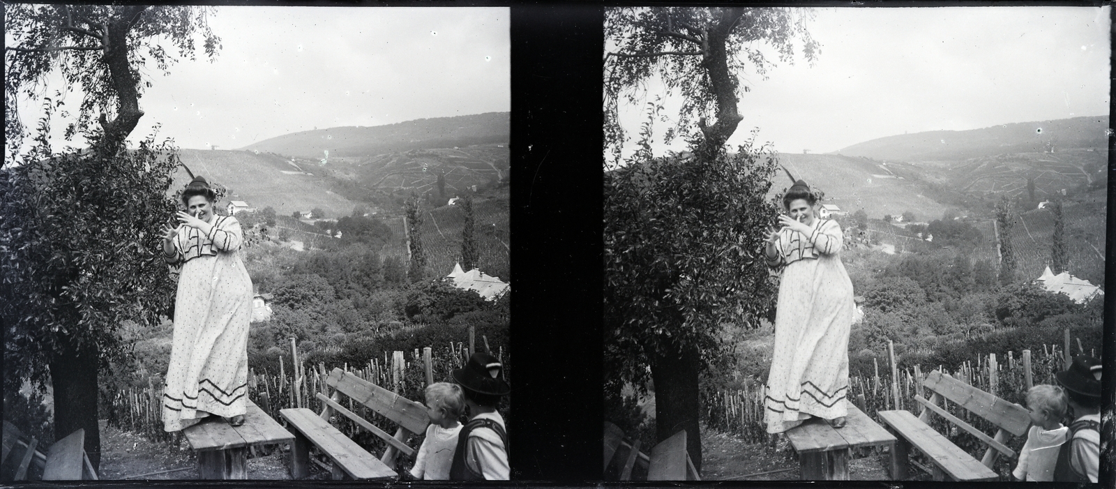 Magyarország, Pécs, a felvétel a Donátusi út - Fekete utca környéki szőlőhegyen készült., 1914, Margitta Nóra, asztal, tréfálkozás, sztereófotó, Fortepan #256009