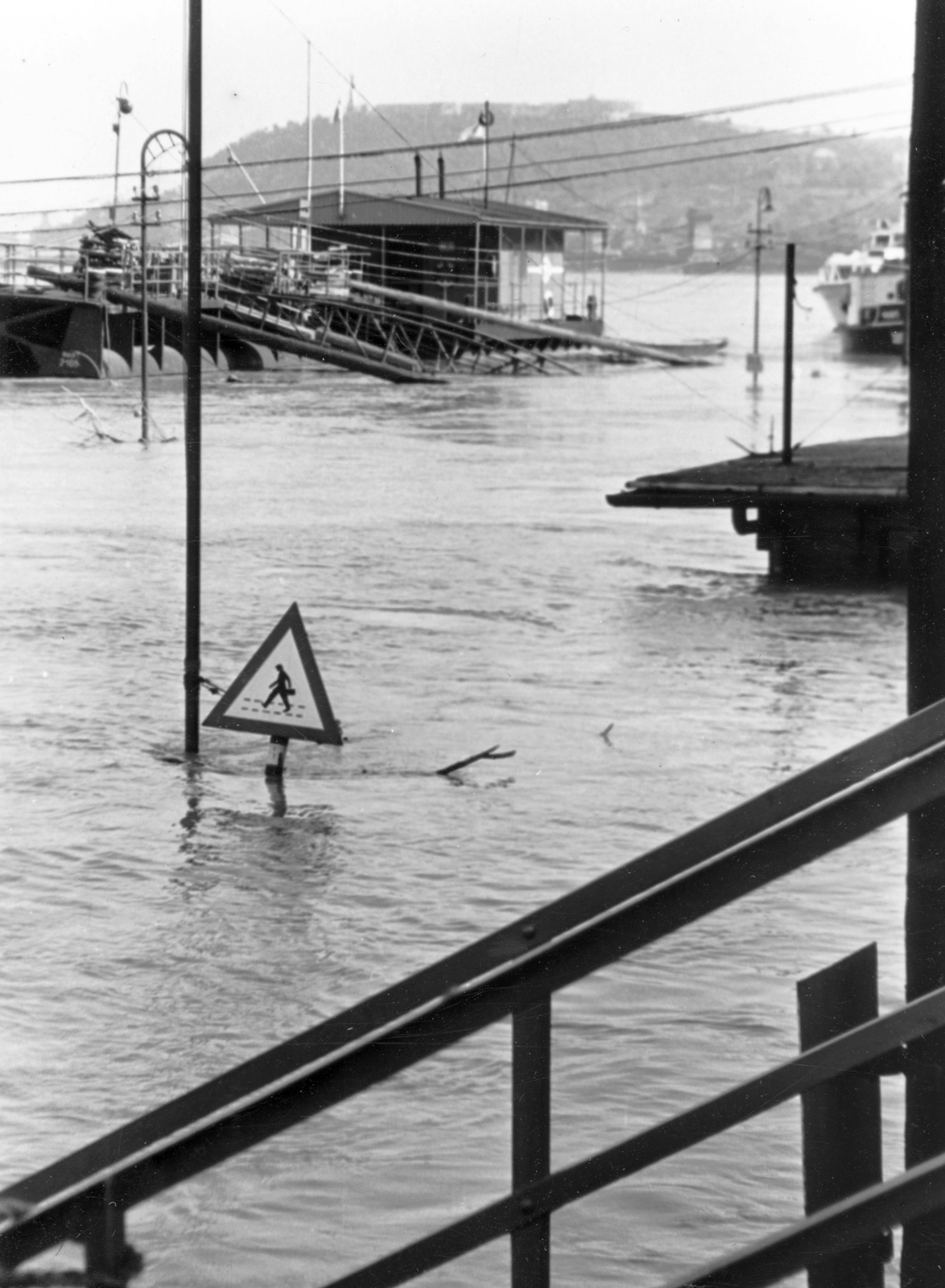 Magyarország, Budapest II., Bem rakparti hajókikötő az 1965-ös árvízkor, háttérben a Gellérthegy., 1965, Kovács László Péter, árvíz, Budapest, Fortepan #25603