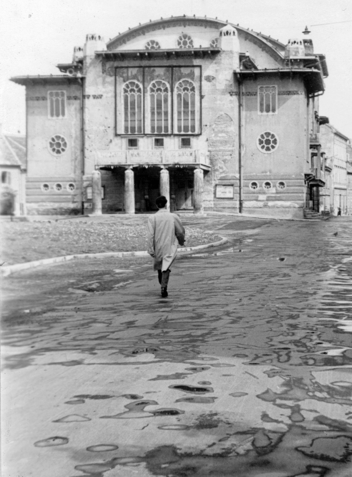 Hungary, Sopron, Petőfi tér, Petőfi Színház., 1962, Kovács László Péter, street view, theater, Secession, Art Nouveau architecture, István Medgyaszay-design, Fortepan #25610