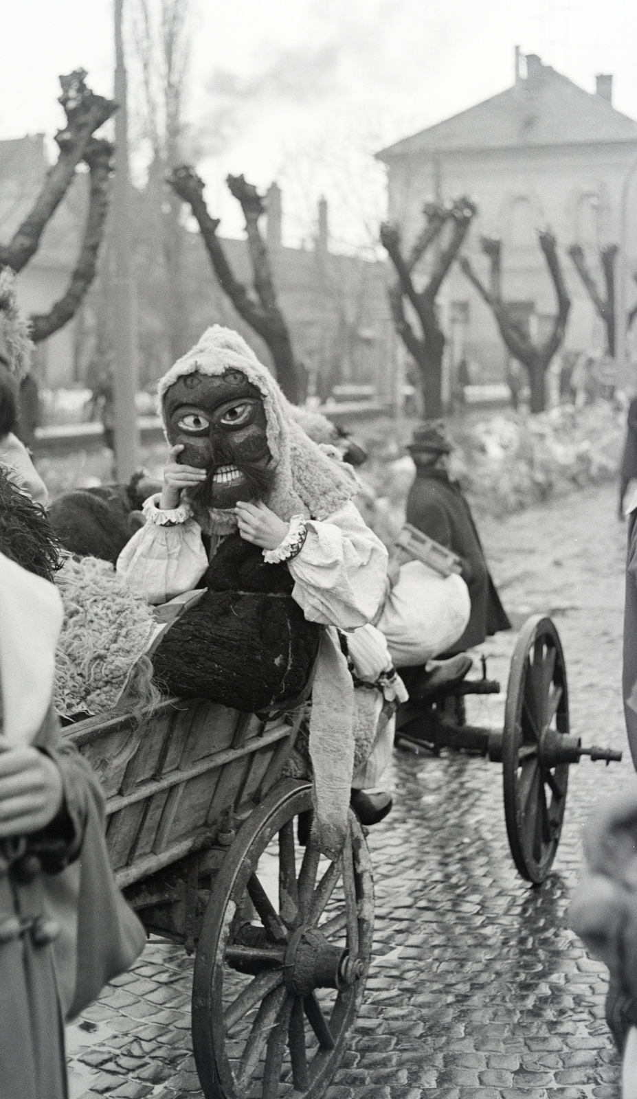 Hungary, Mohács, Szabadság utca busójárás idején., 1969, Székely Balázs, chariot, Fortepan #256312