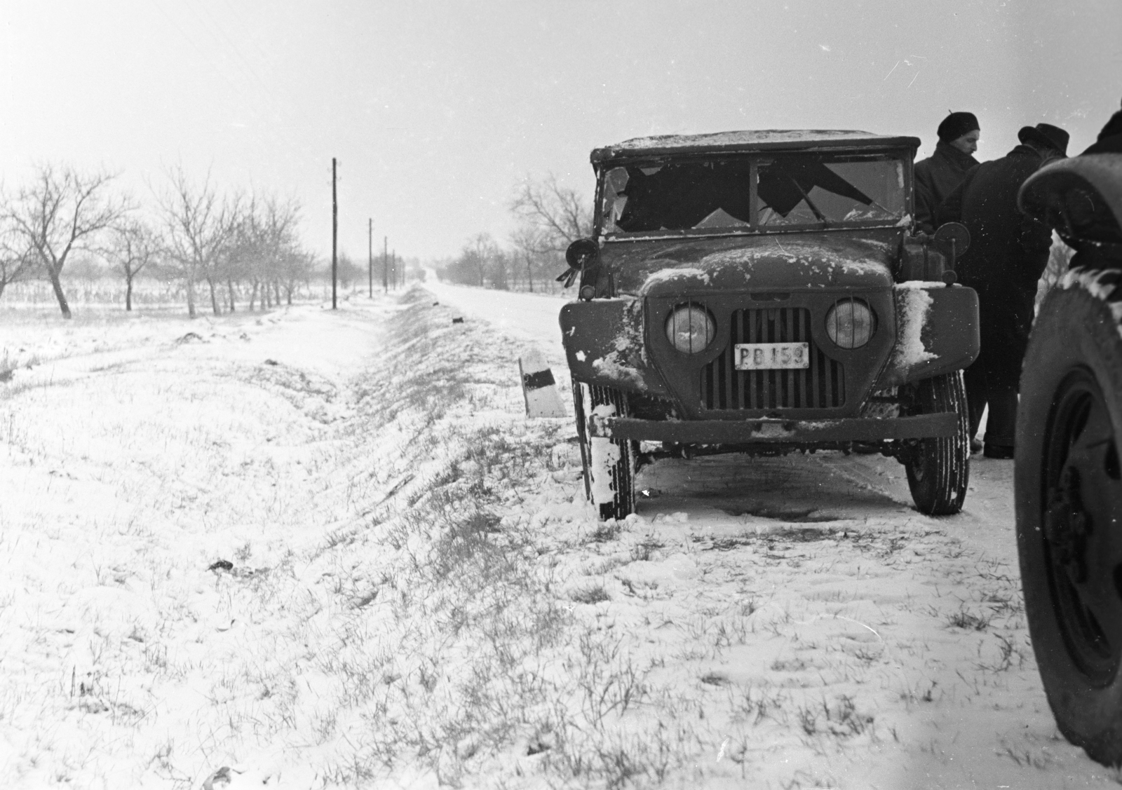 1954, Bolvári László, number plate, winter, Skoda-brand, snow, Fortepan #257084