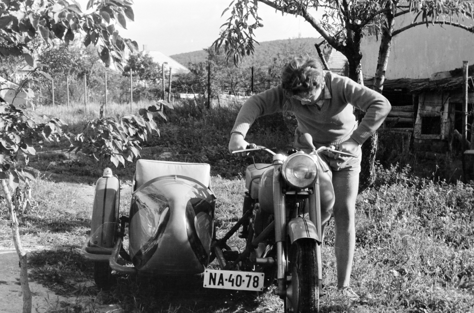 1959, Ladinek Viktor, number plate, motorcycle with sidecar, portrait, Fortepan #257374