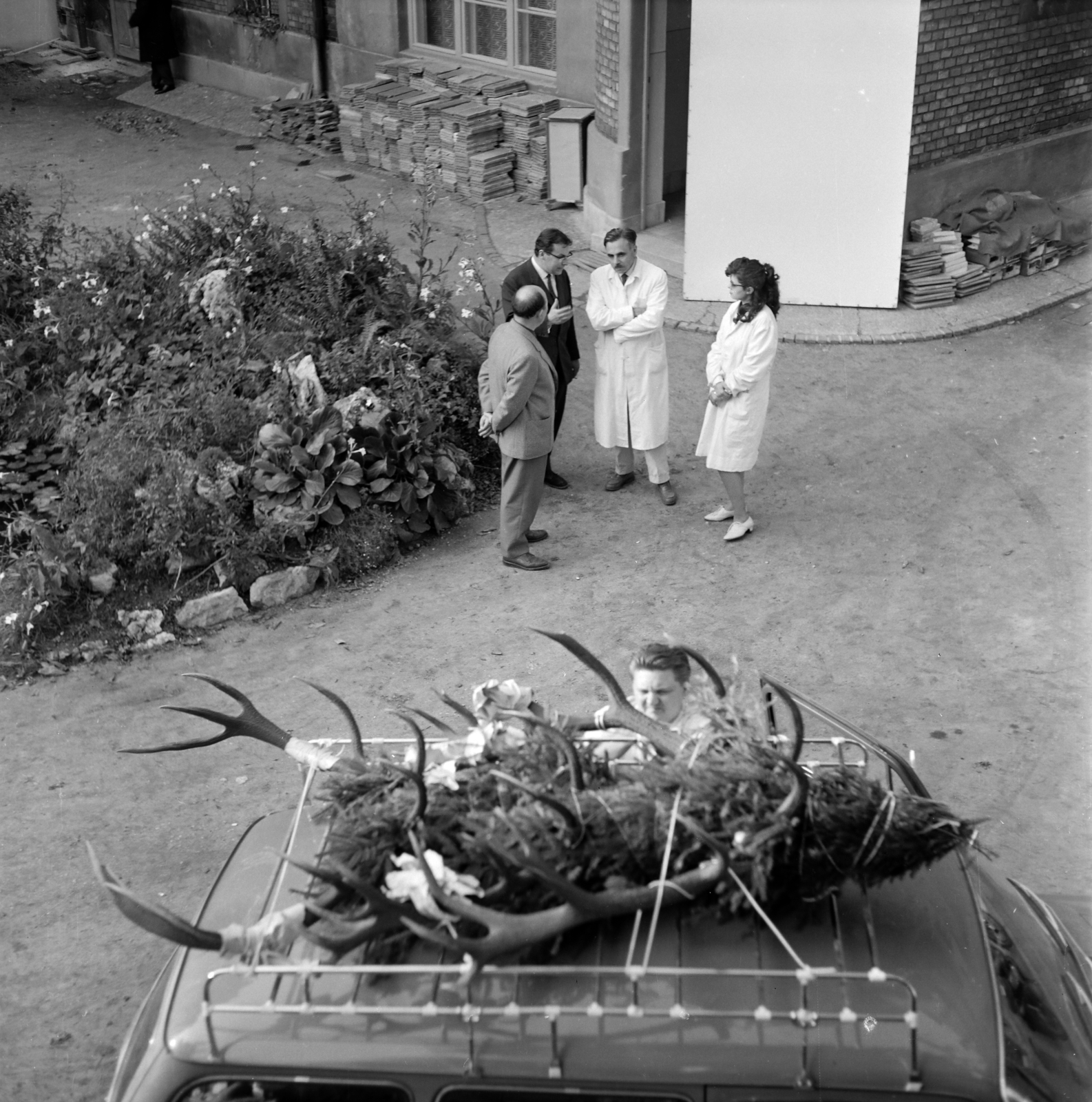 Hungary, Budapest XII., Szilágyi Erzsébet fasor 8., az Országos Trófeabíráló Bizottság épületének udvara. Karba tett kézzel dr. Szederjei Ákos az OTB ekkori vezetője, a személygépkocsinál Szidnai László, aki ezt követően lett az OTB vezetője., 1965, Ladinek Viktor, Budapest, trophy, roof rack, bird's eye view, Fortepan #257430