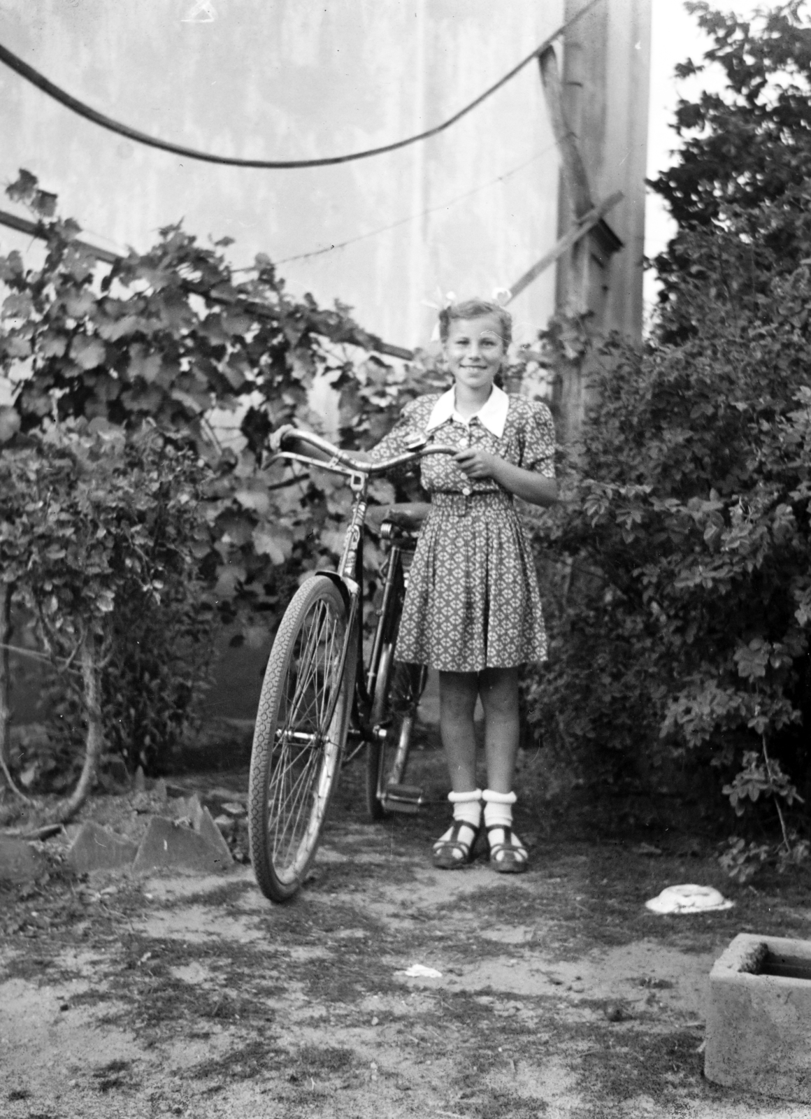 1954, Ladinek Viktor, portrait, teenager, girl, bicycle, summer dresses, Fortepan #257503