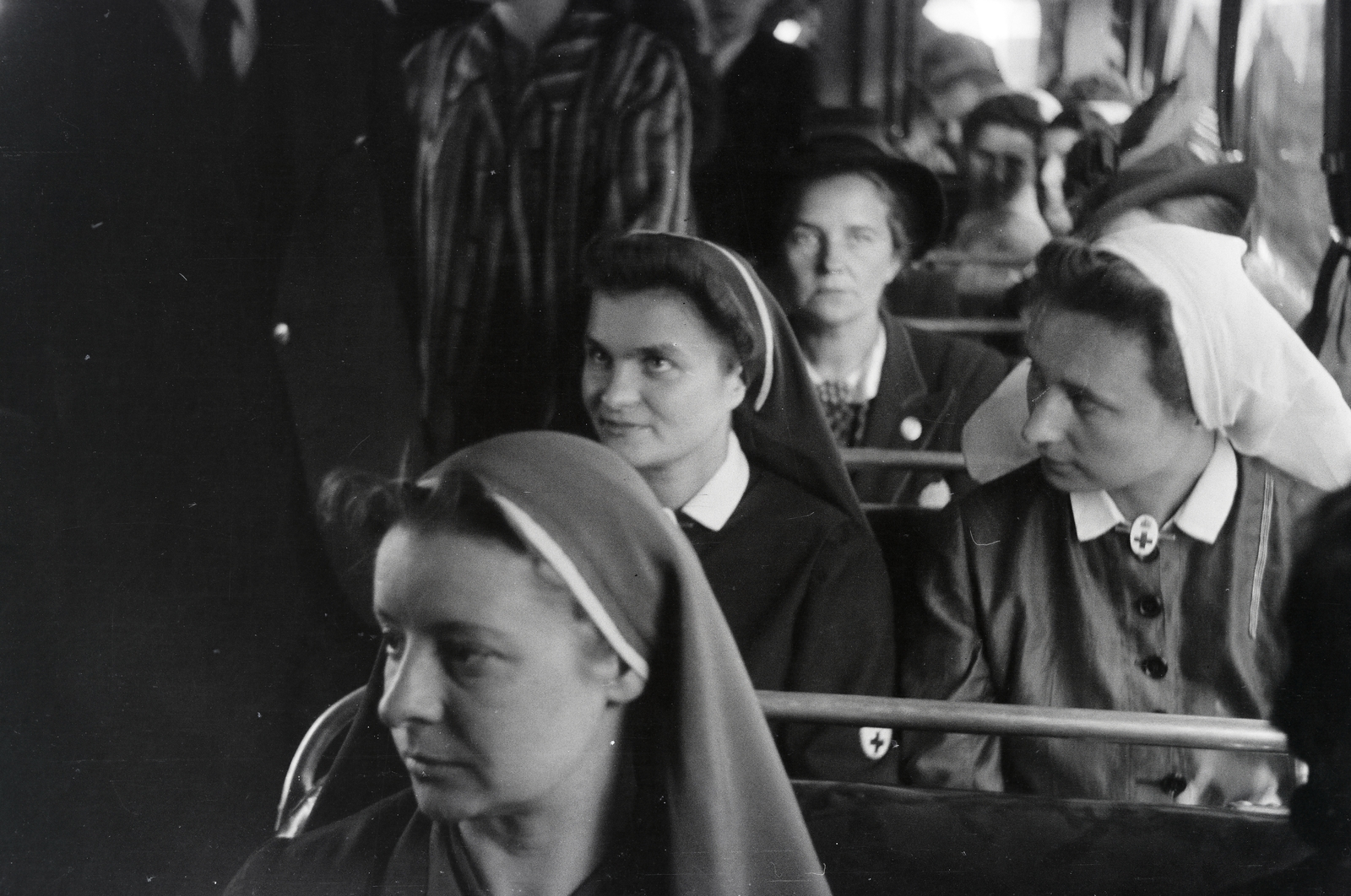 Poland, a felvétel a Chorzów és Katowice közötti villamosjáraton készült a magyar vöröskeresztes kórházvonat személyzetének tagjairól., 1942, Reményi József, nurse, Fortepan #257666