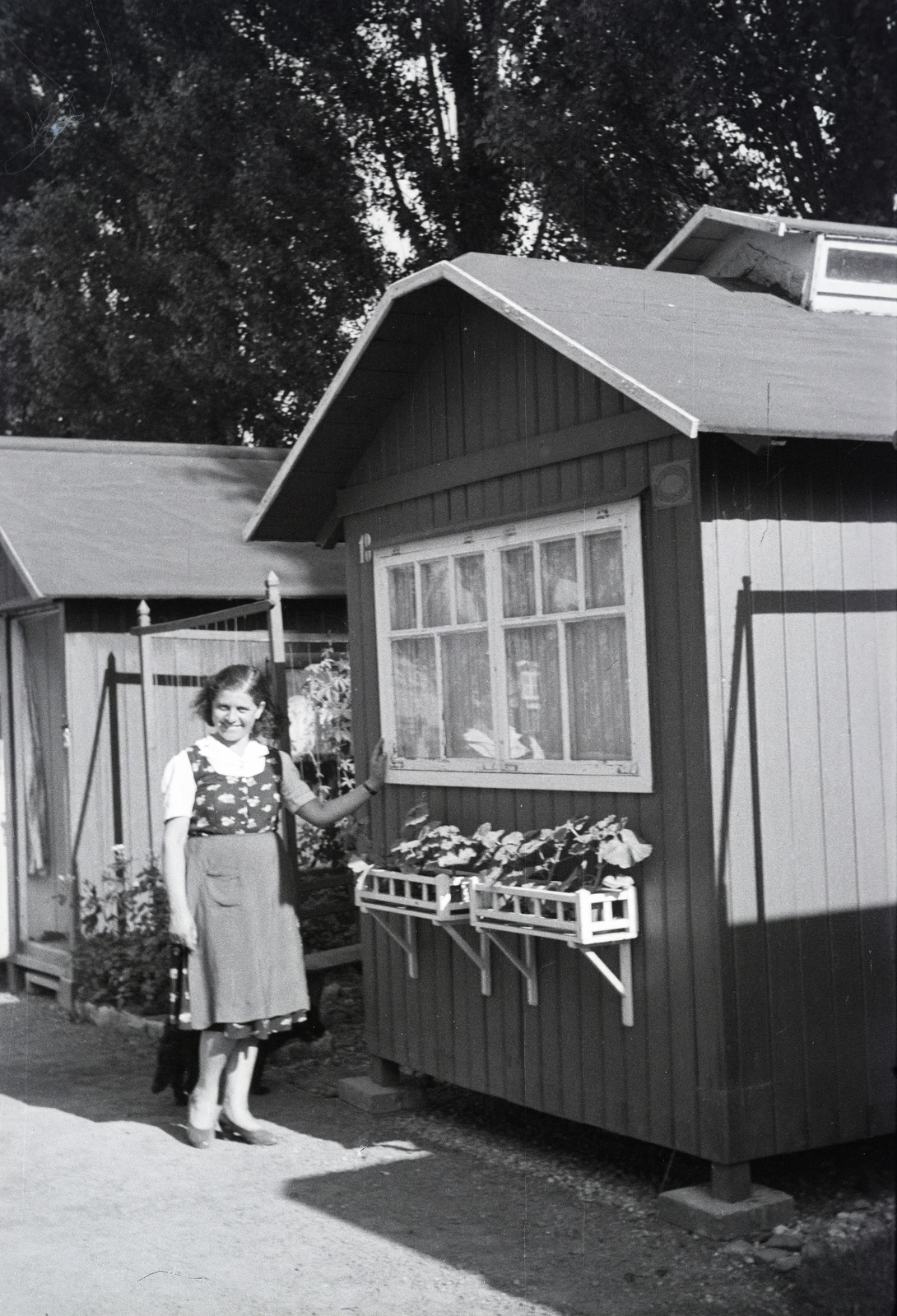 Hungary, Budapest III., Római part, Kossuth Lajos üdülőpart 111., a felvétel a Tungsram üdülőtelepén készült., 1946, Reményi József, lady, smile, flower, planter, Budapest, Fortepan #258323