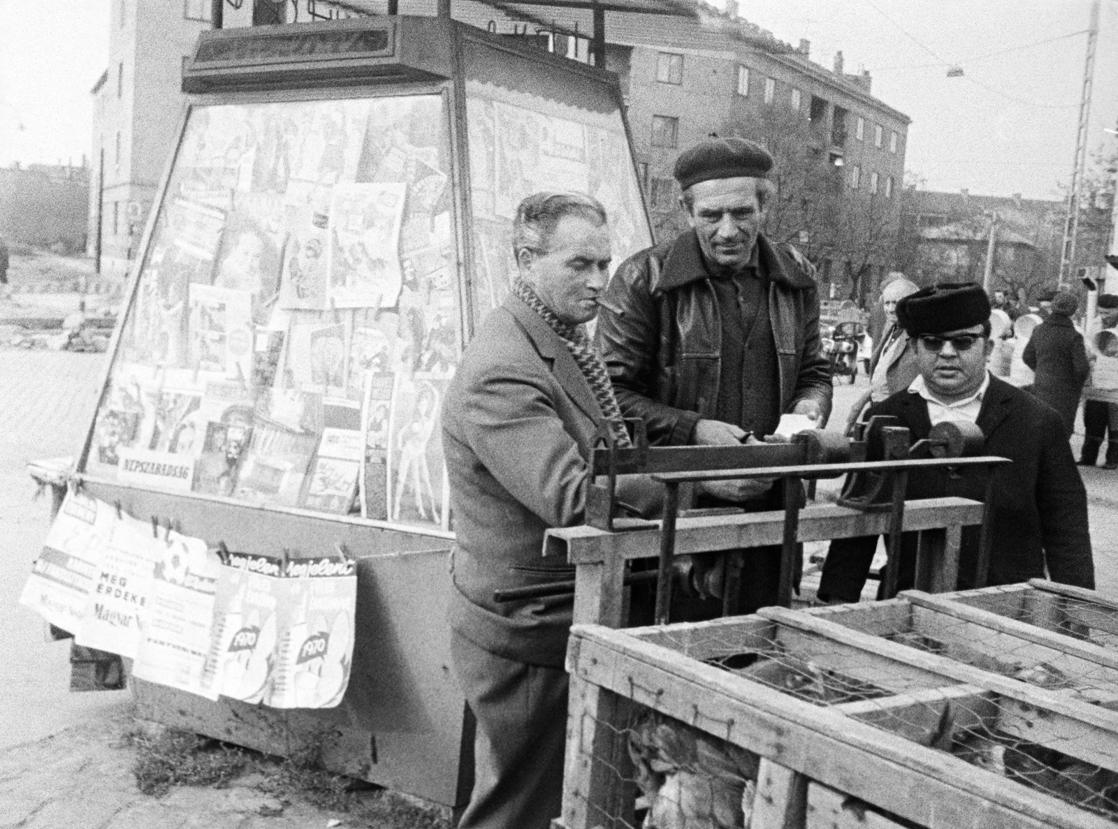 Hungary, Óbuda, Budapest III., Óbudai piac a Kórház utca - Szél utca - Verőfény utca - Vihar utca által határolt területen., 1969, Reményi József, scale, market, shades, newsstand, Budapest, Fortepan #258591