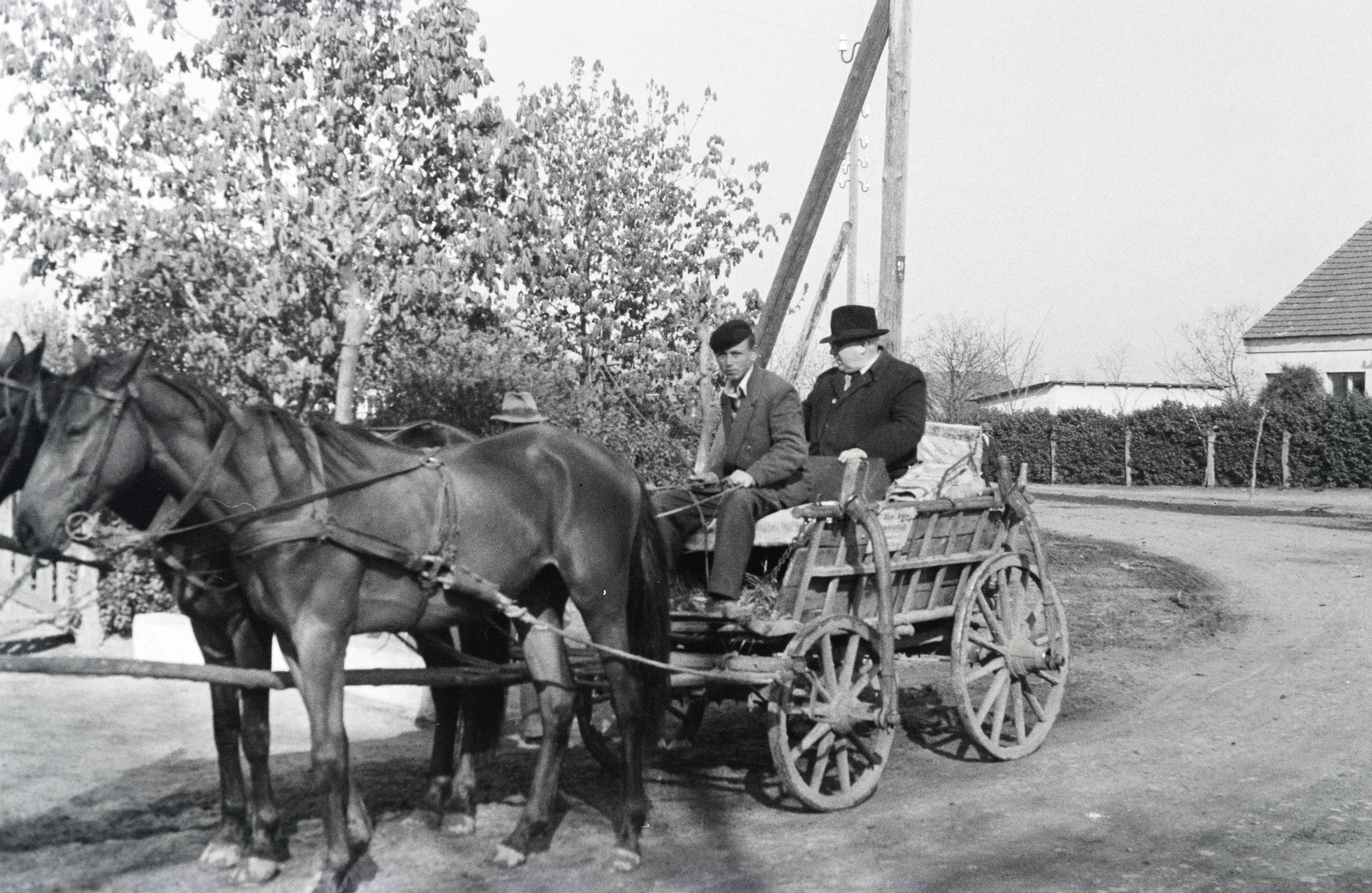 Hungary, Kossuth Lajos utca - Fő tér sarok, jobbra a háttérben a Község Tanács (később Községháza)., 1965, Reményi József, chariot, coach, hat, horse, Fortepan #258607