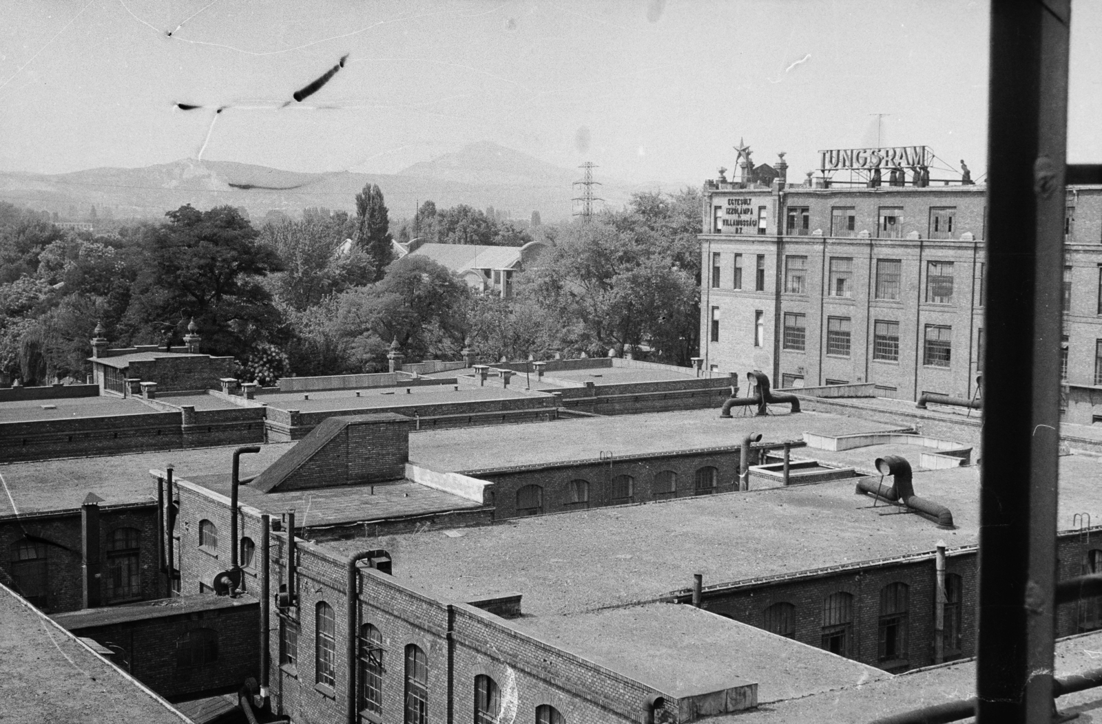 Hungary, Budapest IV., Váci út 77., az Egyesült Izzólámpa és Villamossági Rt., szemben a fás terület a Fővárosi Vízművek telepe, háttérben a Róka-hegy és a Nagy-Kevély., 1966, Reményi József, Budapest, Fortepan #258658