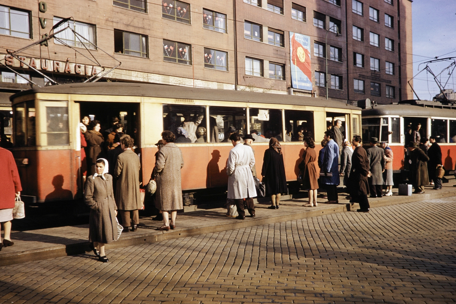 Slovakia, Bratislava, námestie Slovenského národného povstania (egykor Vásár tér, ekkor Sztálin tér) a Spitalská (Kórház) utca felé nézve., 1960, UWM Libraries, colorful, tram, poster, Fortepan #259122