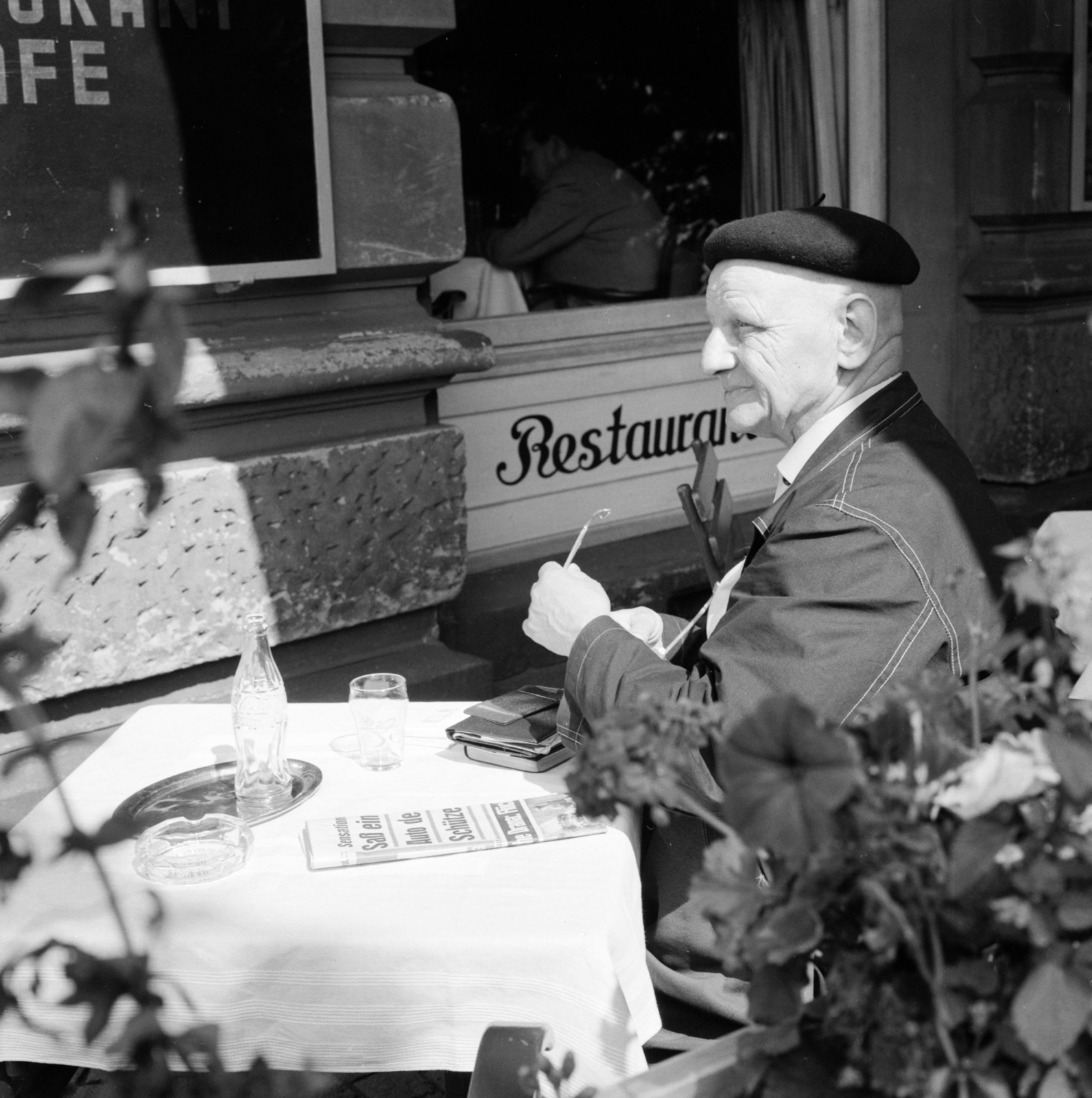 Germany, 1958, UWM Libraries, FRG, photo aspect ratio: square, french sign, old person, terrace, Fortepan #259291