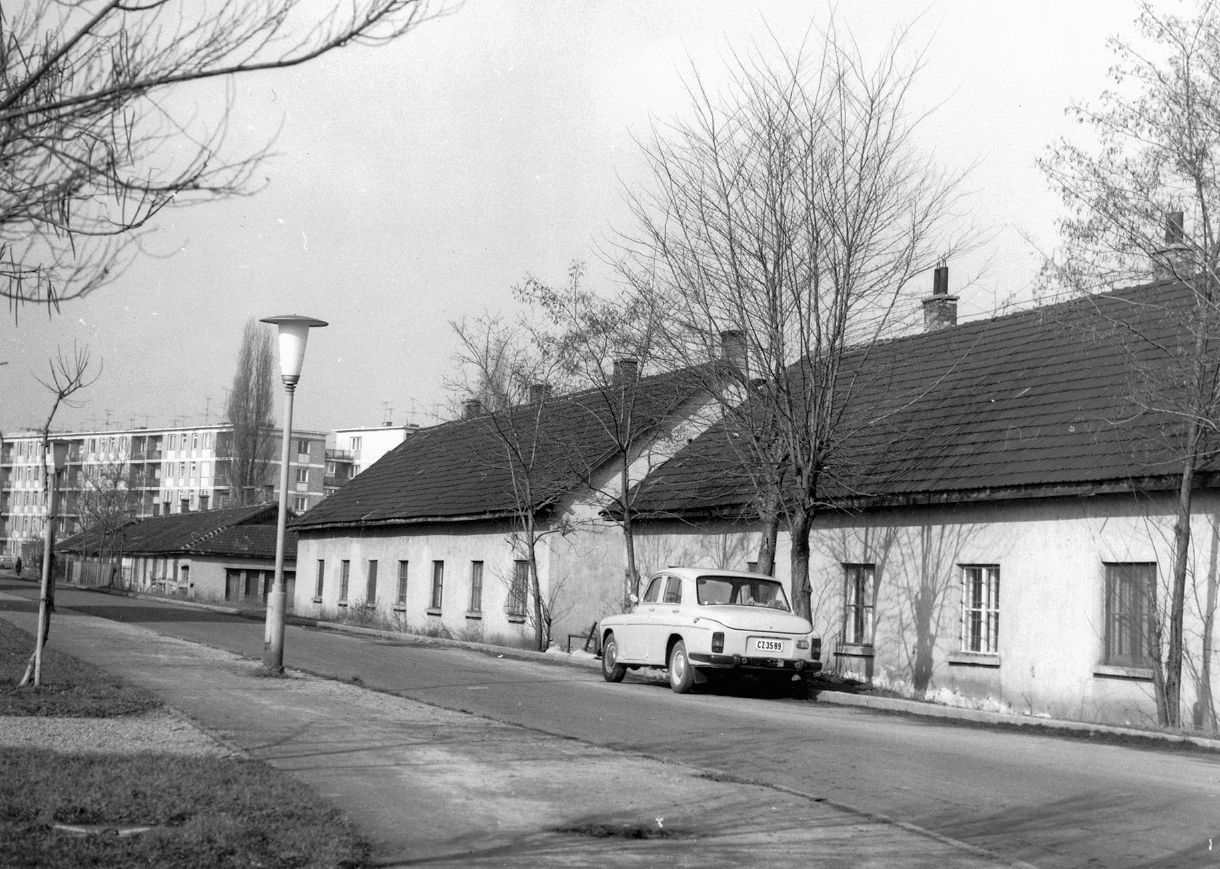 Magyarország, Budapest IX., Ifjúmunkás utca, a Mária Valéria telep házai, a távolban az Ifjúmunkás utca 22., a Pöttyös utca sarkán, 1975, Ferencvárosi Helytörténeti Gyűjtemény, lakótelep, automobil, FSO-márka, rendszám, Budapest, Fortepan #25953