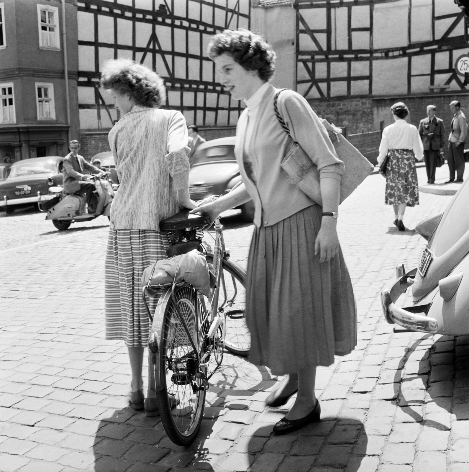 Germany, 1958, UWM Libraries, FRG, bicycle, scooter, German Timber Framing, photo aspect ratio: square, Fortepan #259975