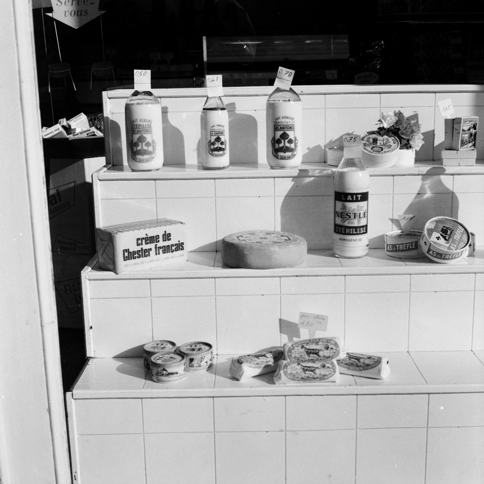 France, 1958, UWM Libraries, photo aspect ratio: square, french sign, Show window, dairy, Fortepan #260062