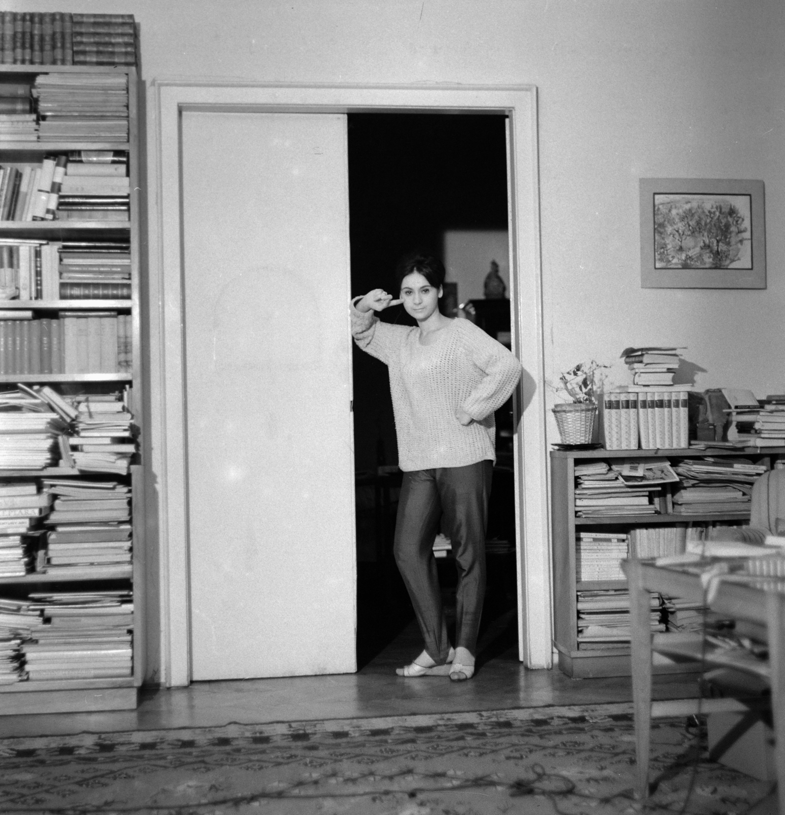 1965, Faragó György, interior, hairdo, bookshelf, woman, painting, Fortepan #260945