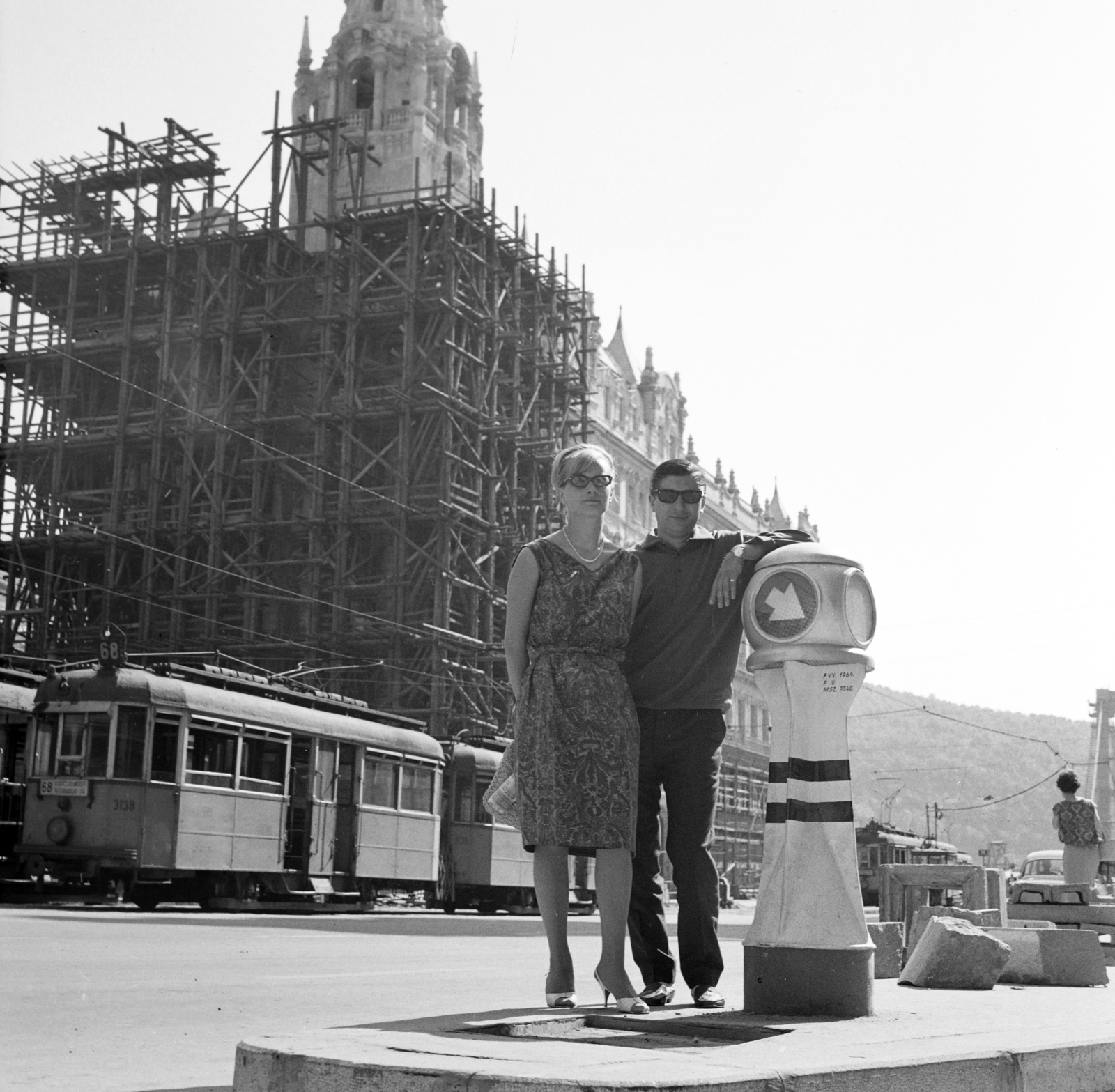 Hungary, Budapest V., Ferenciek tere (Felszabadulás tér), háttérben a déli Klotild-palota., 1964, Faragó György, Best of, Budapest, tram, safety island, Fortepan #260949