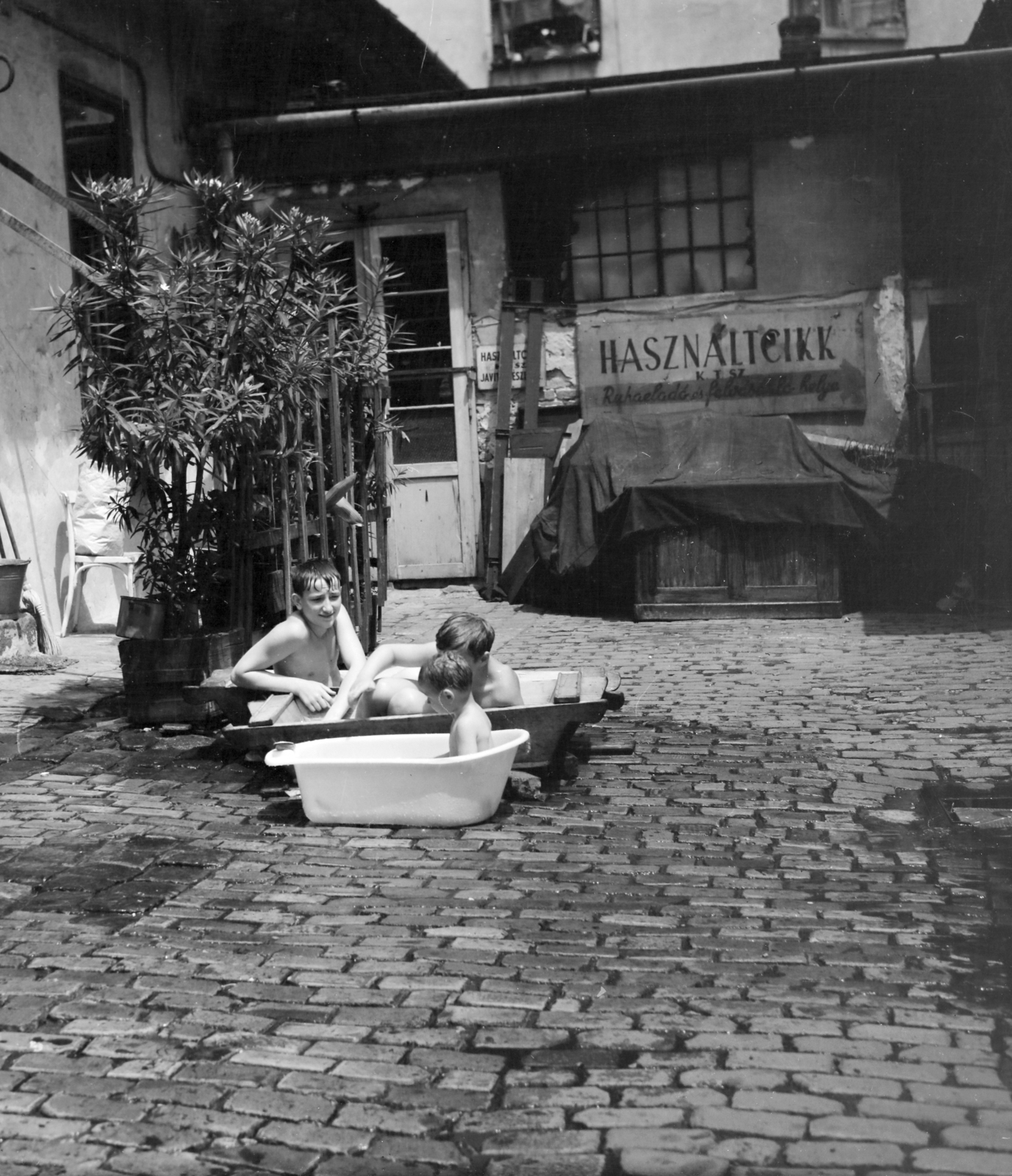1962, Faragó György, inner courtyard, label, kids, tub, bathtub, bath, Fortepan #260973