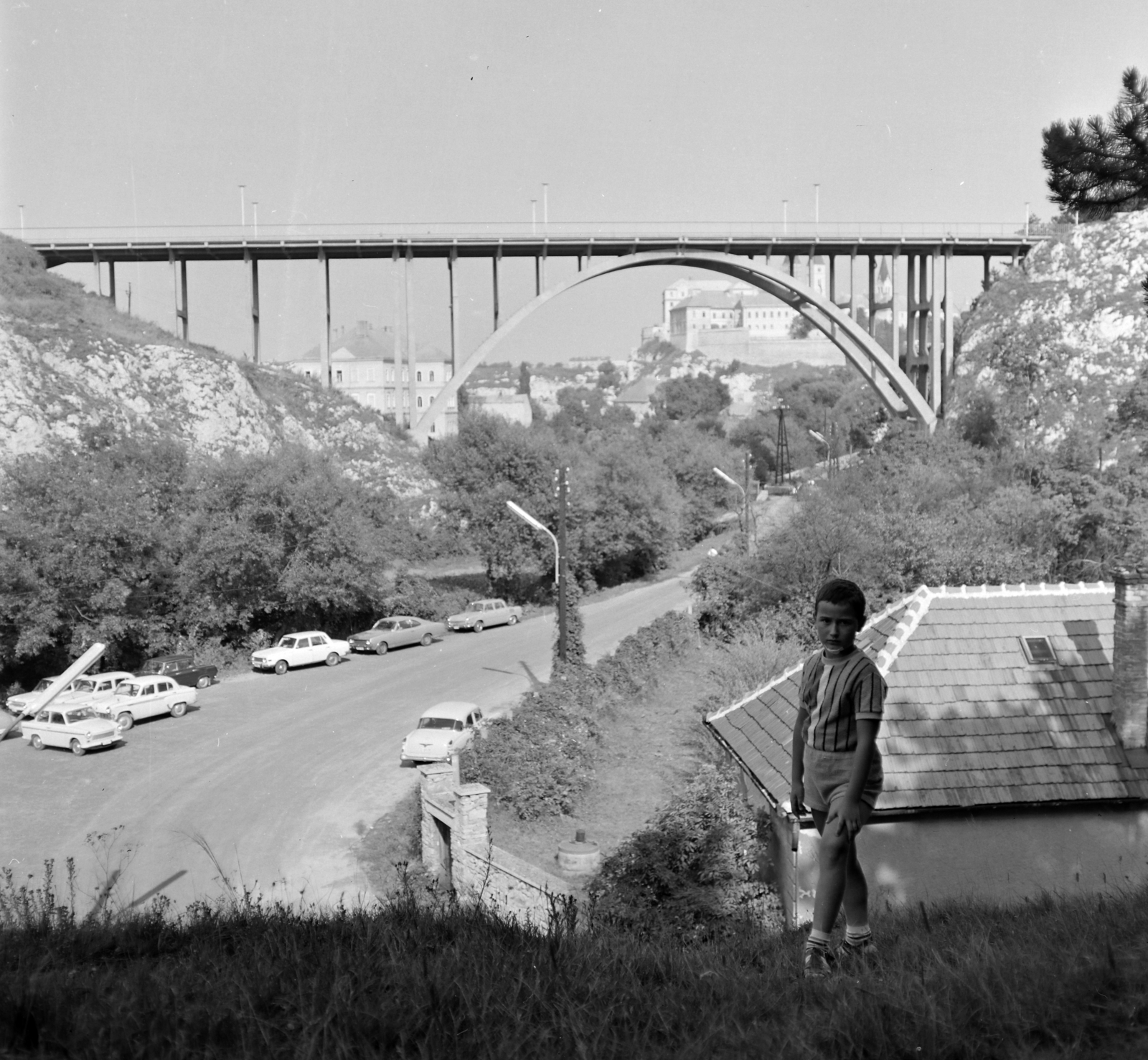 Hungary, Veszprém, kilátás a Kittenberger Kálmán utcától a Szent István völgyhíd (Völgyhíd / Viadukt) felé, háttérben a Vár., 1966, Faragó György, car park, Fortepan #261321