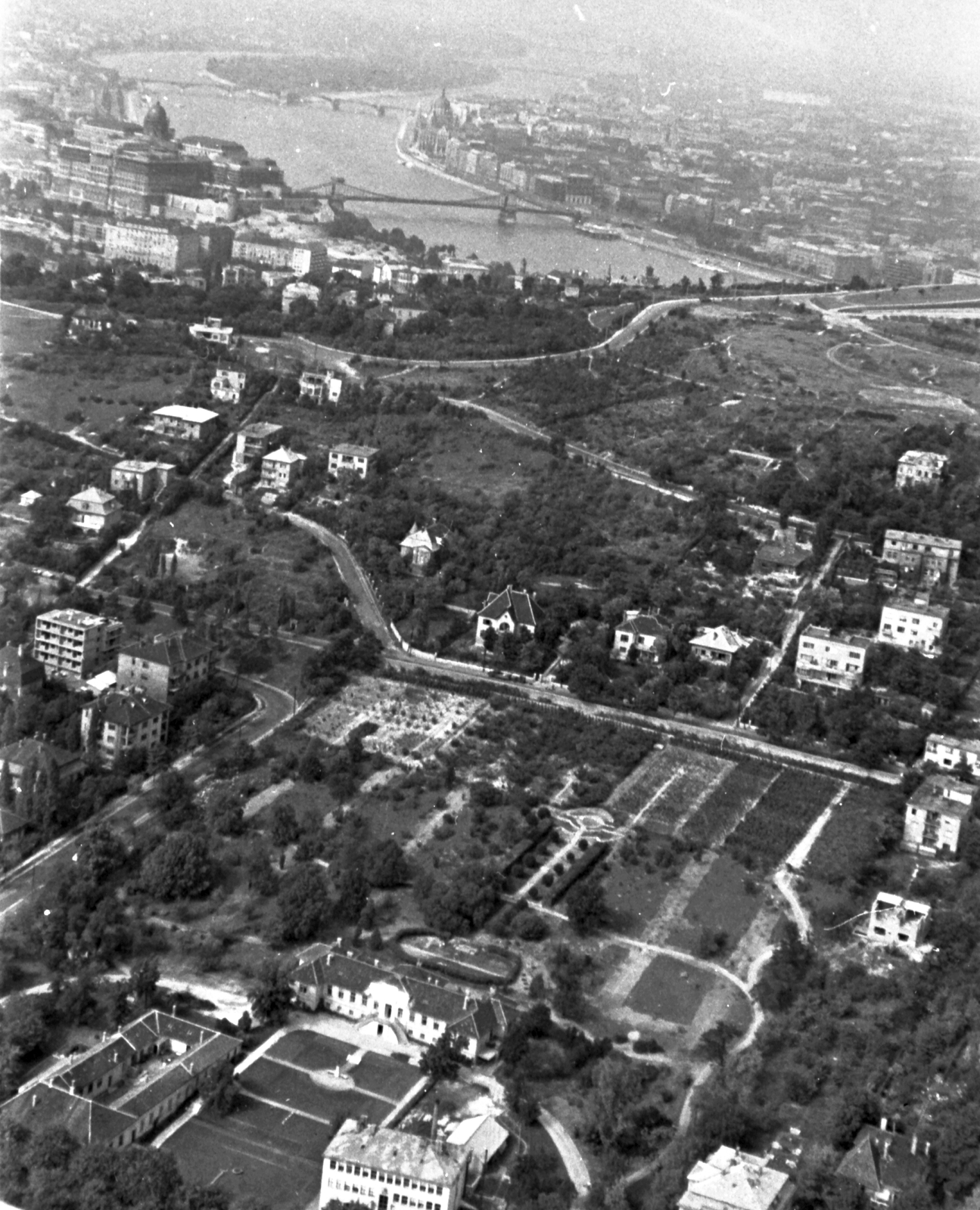 Hungary, Budapest XI., légifotó a Gellérthegy déli lejtőjéről. Előtérben a Kertészeti és Szőlészeti Főiskola (később Szent István Egyetem, majd Magyar Agrár- és Élettudományi Egyetem, Budai Campus), háttérben a Széchenyi Lánchíd., 1963, MHSZ, aerial photo, Budapest, Fortepan #26153