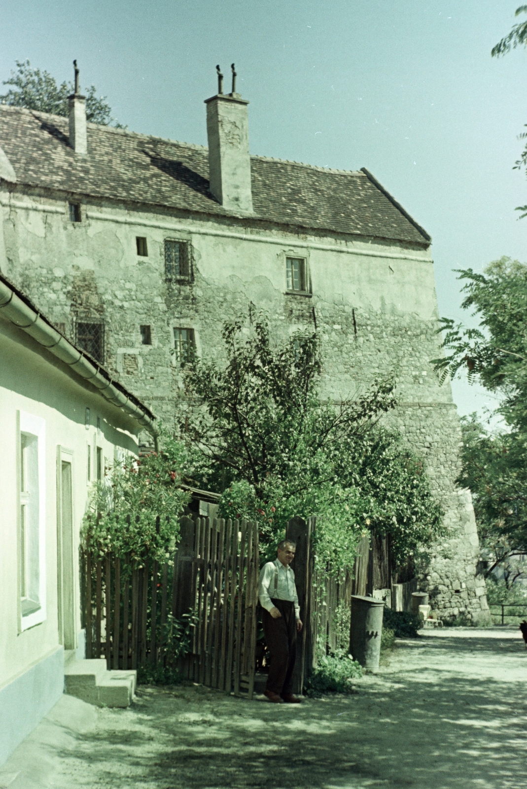 Szlovákia, Pozsony, Vízhegy (Vodný vrch), háttérben a vár déli előbástyája., 1956, Faragó György, színes, léckerítés, kuka, Csehszlovákia, Fortepan #261597