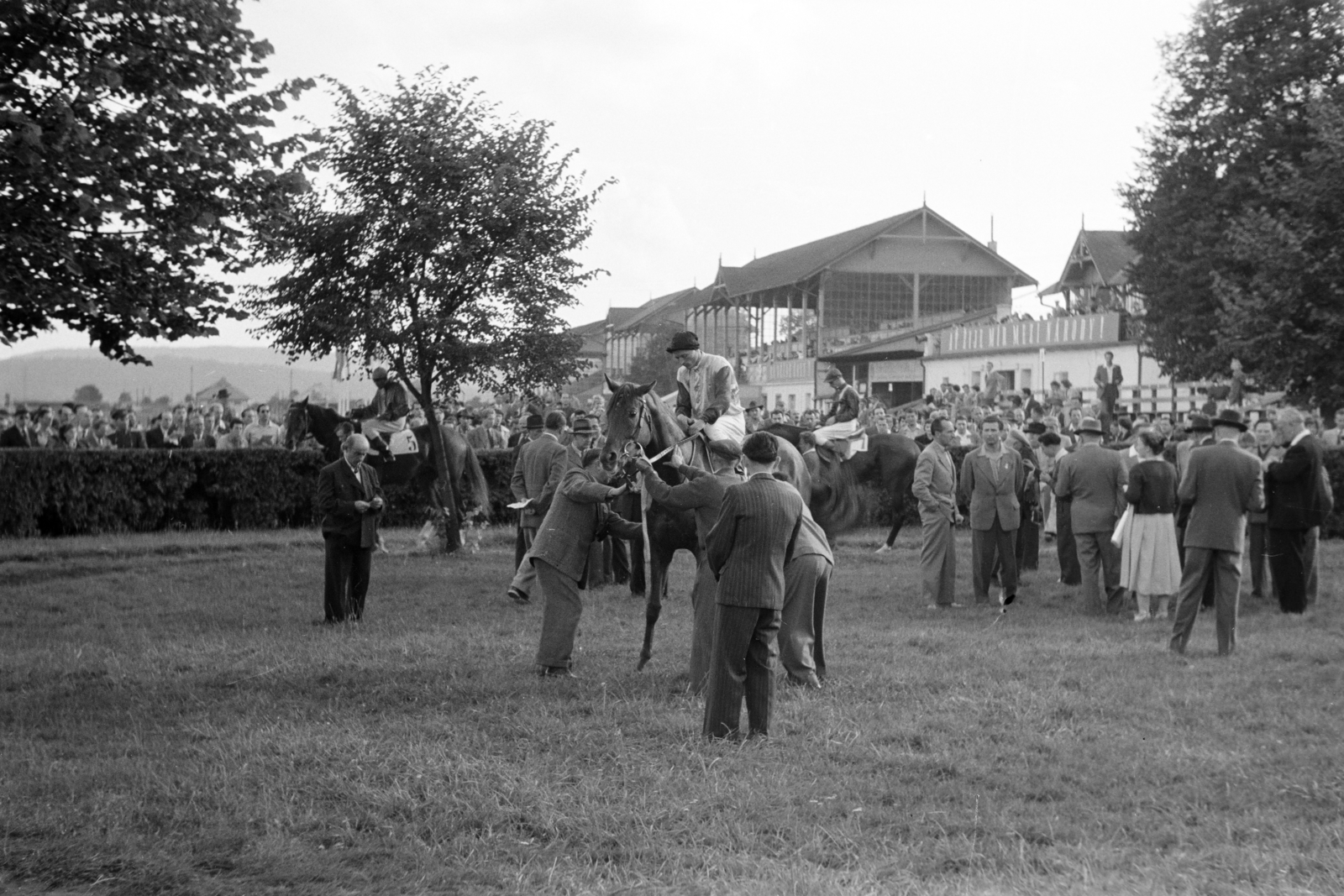 Czech Republik, Prague, ulice Radotínská 69/34., lóversenypálya (Dostihové závodiště Velká Chuchle / Chuchle Arena Praha)., 1956, Faragó György, horse race, Czechoslovakia, Fortepan #261642