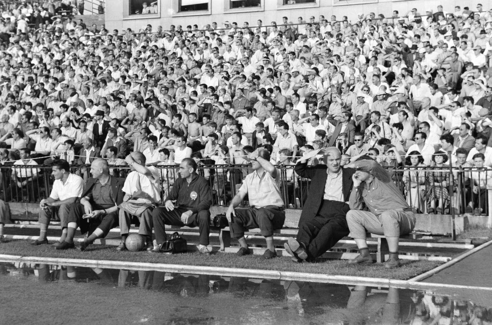Hungary, Népstadion, Budapest XIV., 1957. június 23. Magyarország - Bulgária 4:1, világbajnoki selejtező, válogatott labdarúgó-mérkőzés. A kispadon bal szélen Sándor Károly, középen címerrel a melegítőjén Szűcs Ernő gyúró, jobbról a második Schlosser Imre., 1957, Faragó György, Budapest, auditorium, fan, Fortepan #261959
