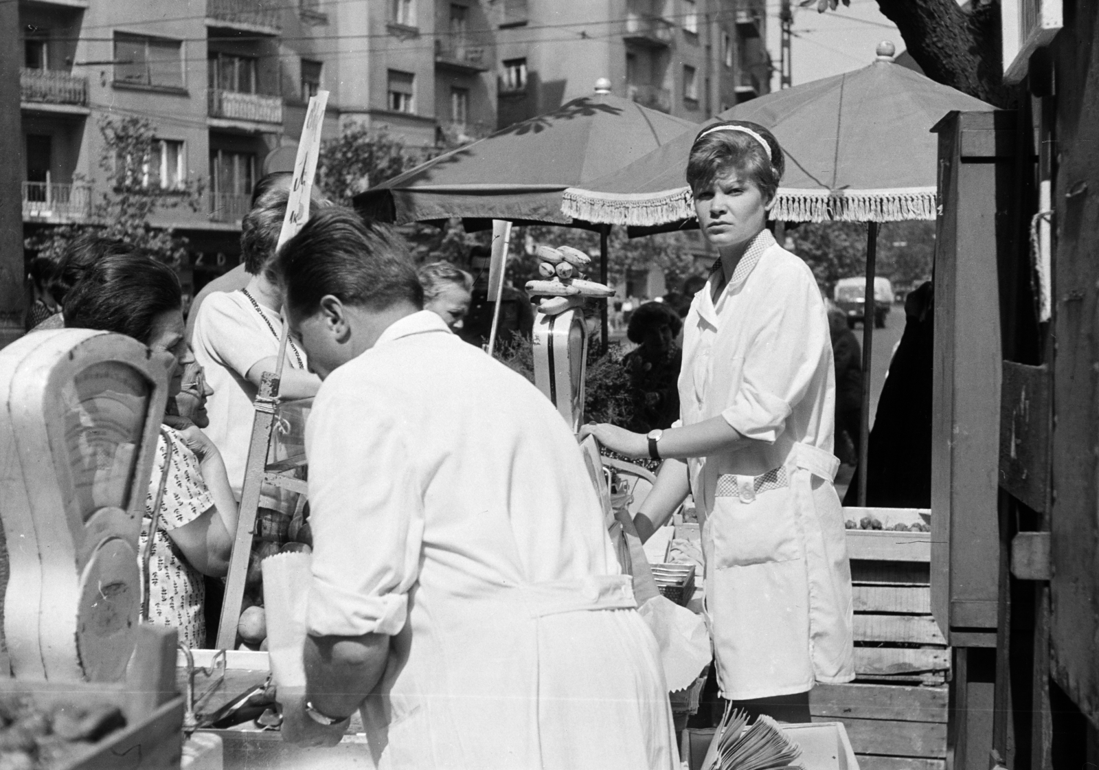 Hungary, Budapest XI., Villányi út - Bartók Béla út sarok, szemben a háttérben Móricz Zsigmond körtér 3. számú ház látható., 1966, Gyulai Gaál Krisztián, Budapest, banana, scale, fruit seller, Fortepan #262178