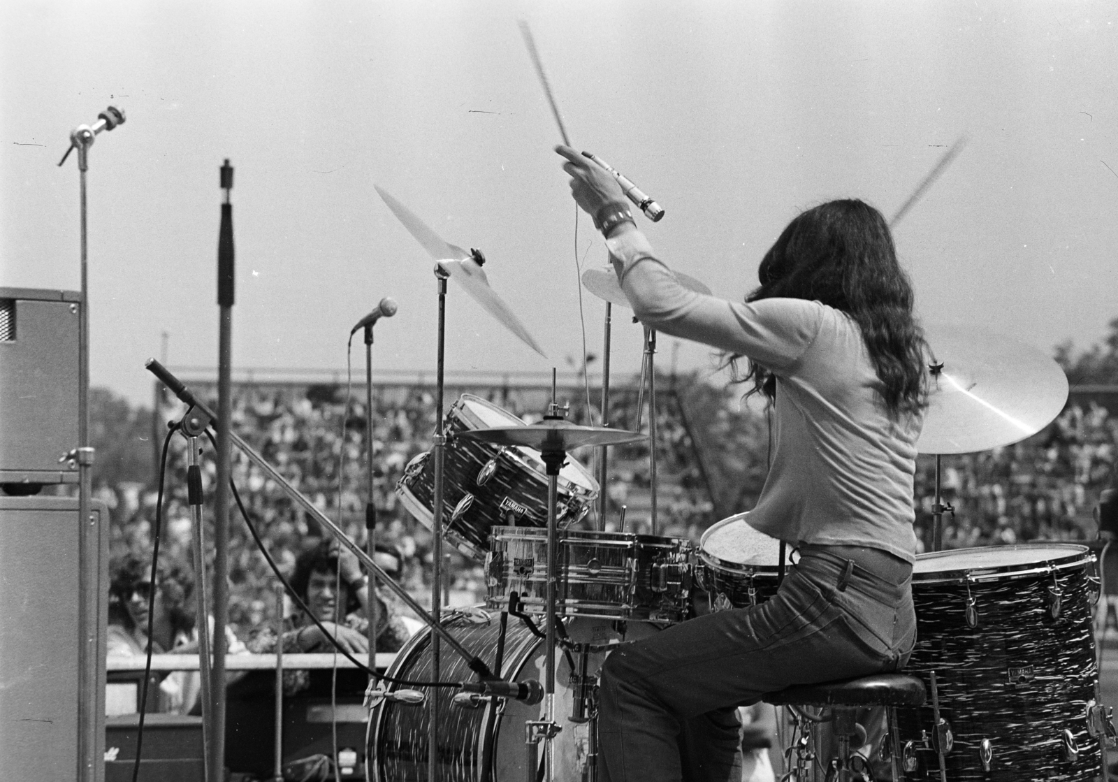 Hungary, Miskolc, DVTK-stadion, Rockfesztivál. Németh Tamás "Nemecsek", a Mini együttes dobosa., 1973, Gyulai Gaál Krisztián, musician, Fortepan #262651