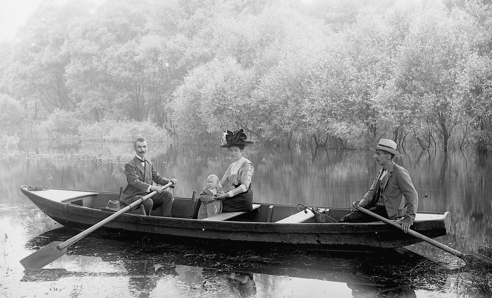 1905, Fortepan, free time, tranquillity, hat, lake, boating, tableau, water surface, three people, Fortepan #2634