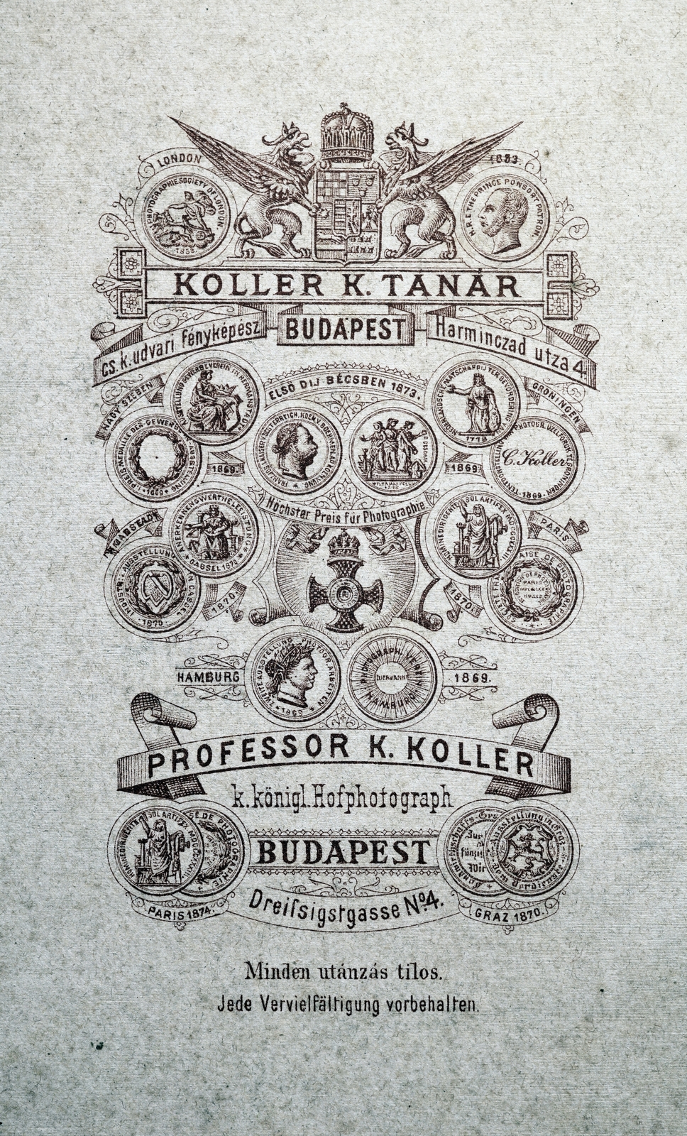 Magyarország, Budapest V., Harmincad utca 1., Koller Károly tanár, fényképész., 1900, Zichy kúria, Zala, hátlap, fényképész, műterem, Budapest, Fortepan #263424