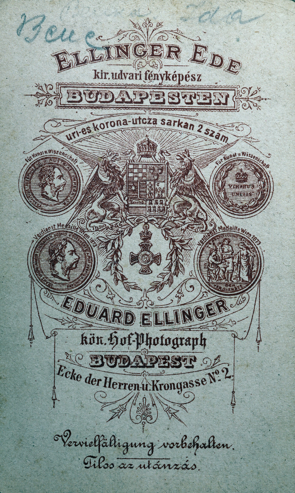 Magyarország, Budapest V., Petőfi Sándor (Úri) utca - Régi posta (Korona utca) sarkán, Ellinger Ede fényképész., 1903, Zichy kúria, Zala, hátlap, fényképész, műterem, Budapest, Fortepan #263462