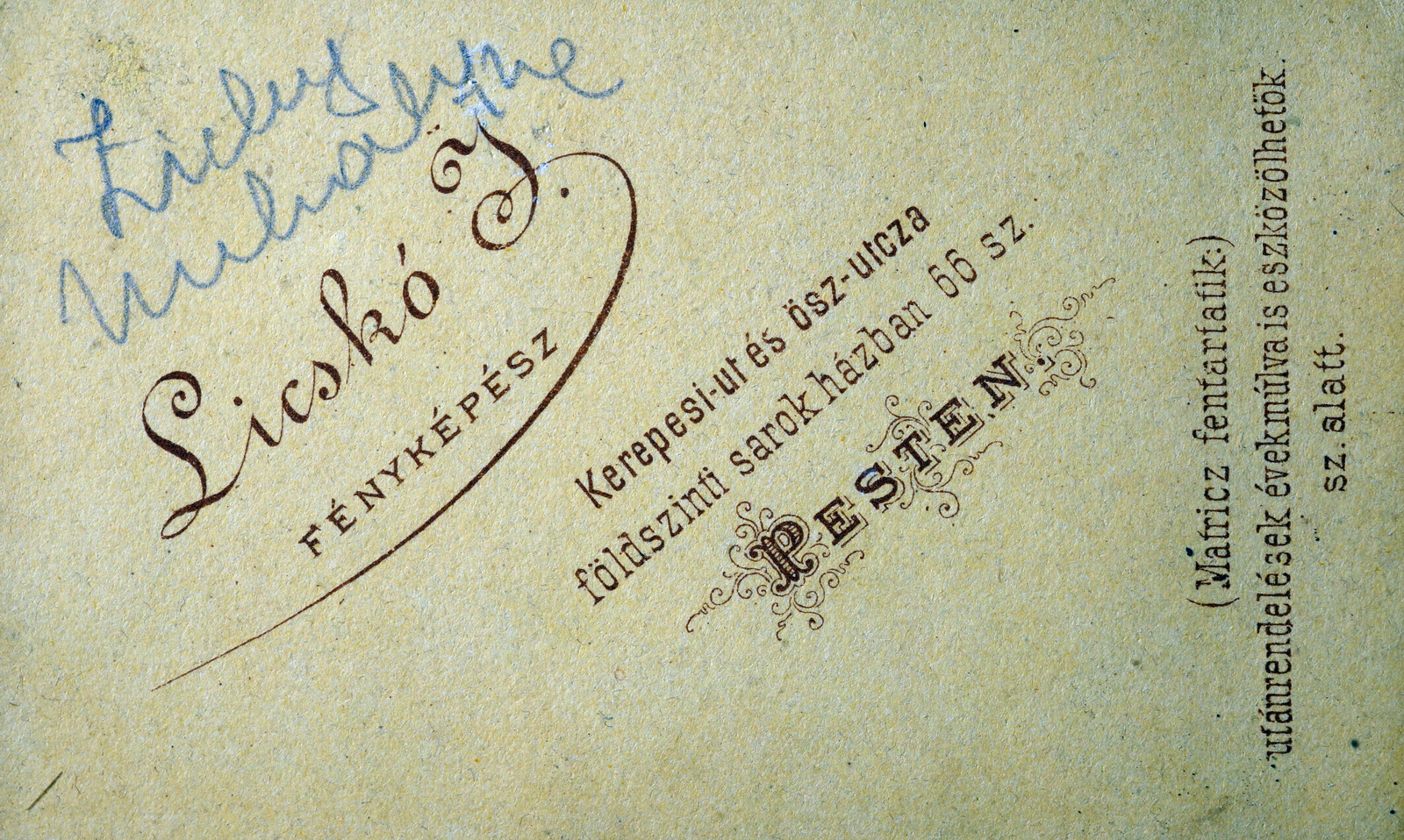 Hungary, Budapest VII., Rákóczi (Kerepesi) út 66., Licskó János fényképész., 1904, Zichy kúria, Zala, verso, photographer, studio, Budapest, Fortepan #263471