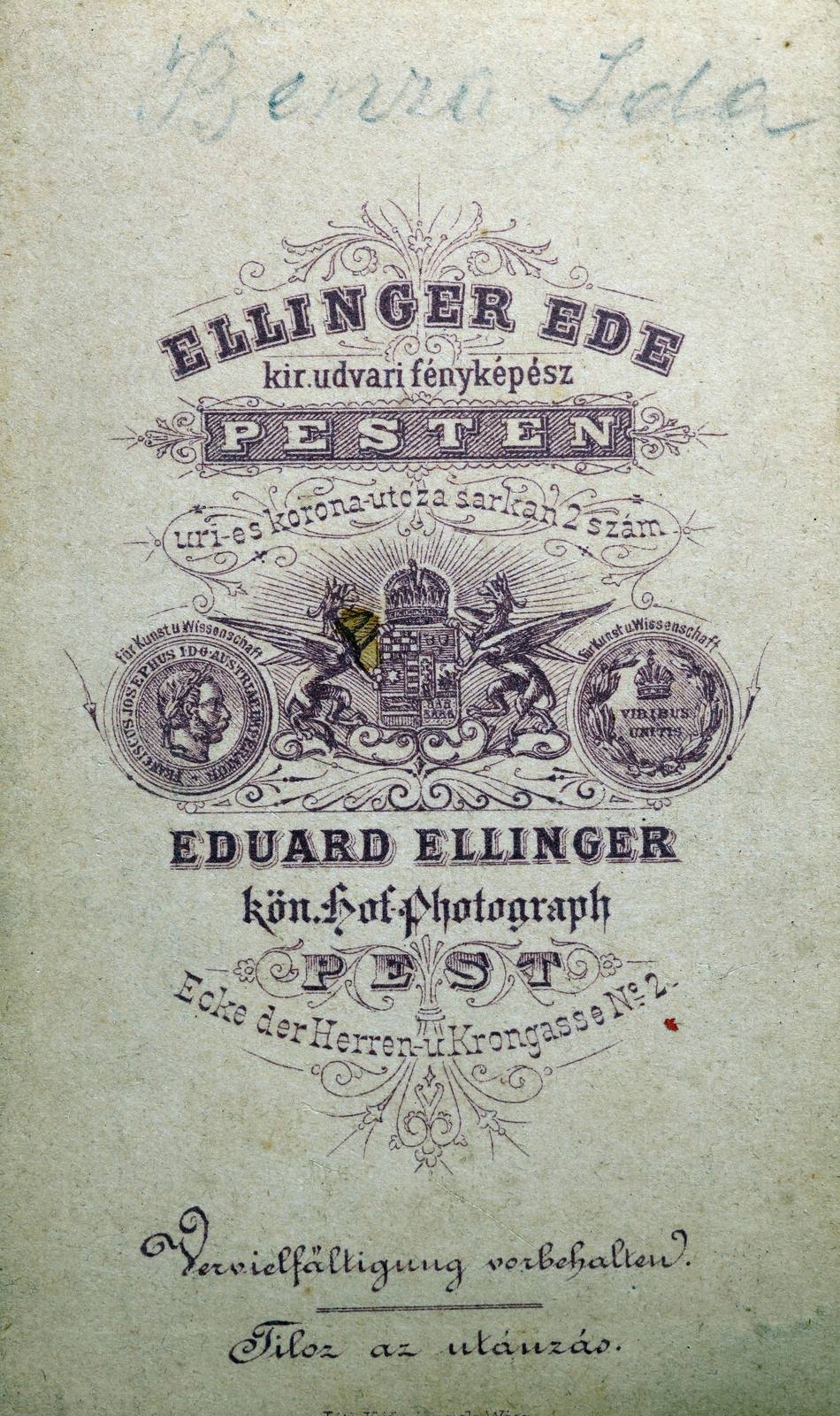 Hungary, Budapest V., Petőfi Sándor (Úri) utca - Régi posta (Korona utca) sarkán, Ellinger Ede fényképész., 1908, Zichy kúria, Zala, verso, photographer, studio, Budapest, Fortepan #263562
