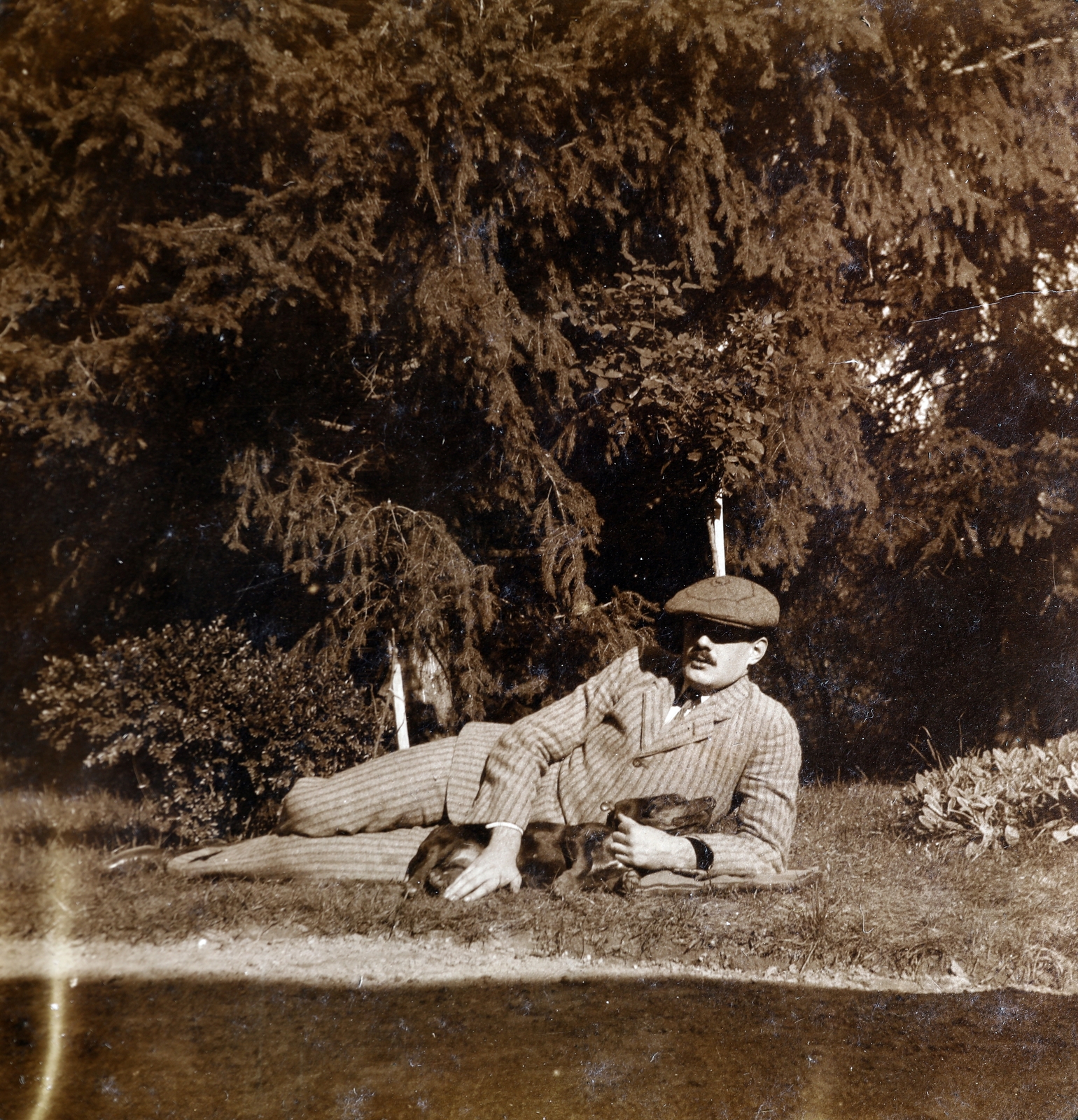 1914, Zichy kúria, Zala, dog, lie in the grass, man, Fortepan #263617