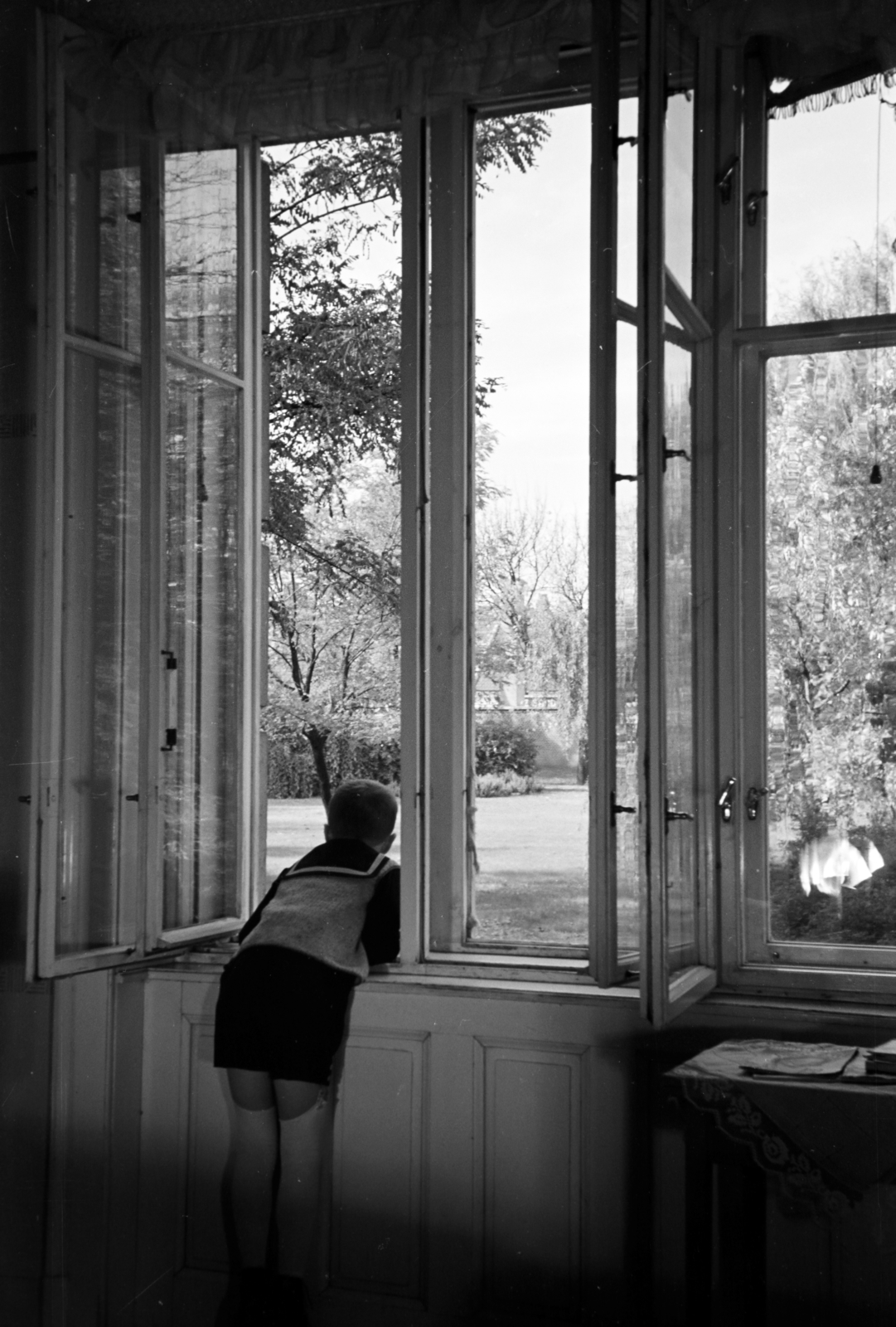 Hungary, Győr, a felvétel a Bisinger sétány 16. számú ház egyik lakásában készült., 1939, Nagy István, student, window, boy, leaning out of the window, back, Fortepan #264274