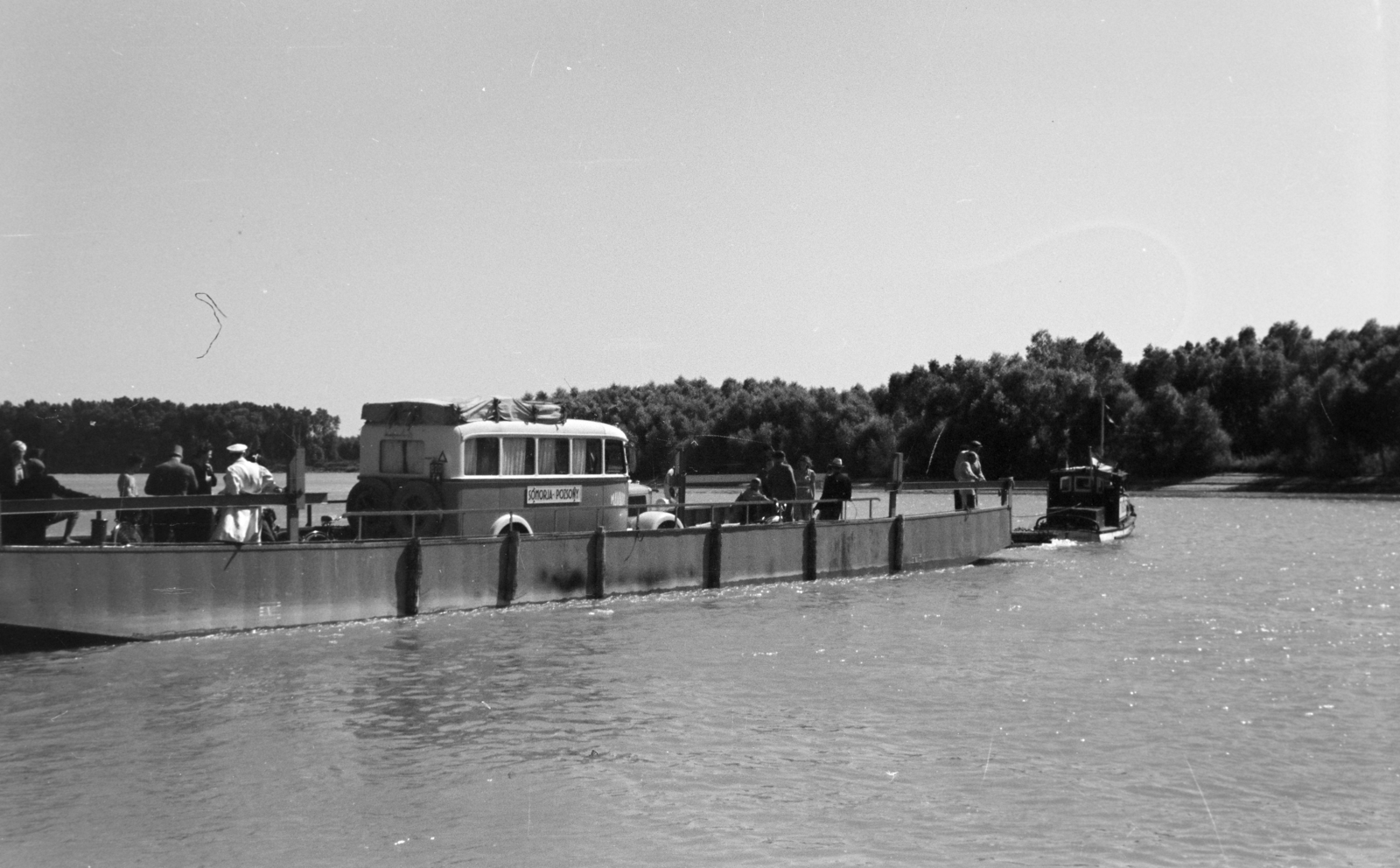 Slovakia, Duna-part, a Somorja és Pozsony között közlekedő MÁVAUT autóbuszjárat a Szigetköz és Medve közötti kompon., 1939, Nagy István, ferry, bus, Fortepan #264294