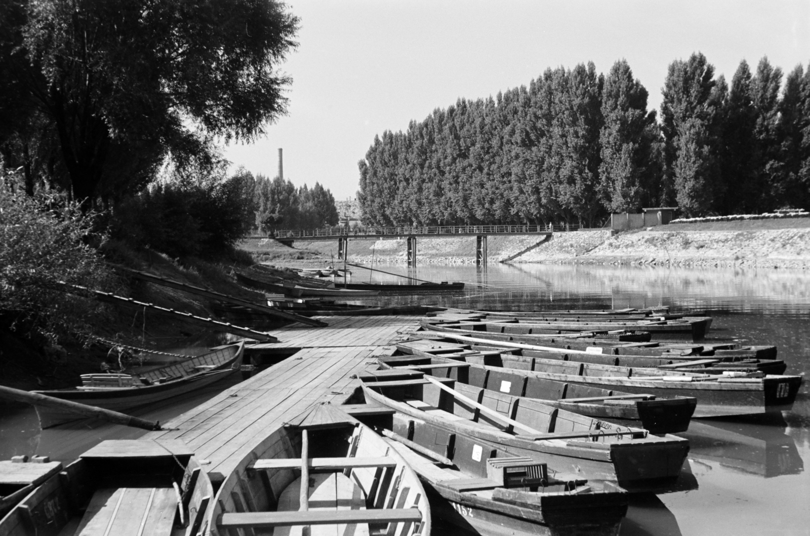 Hungary, Győr, a Rába folyó a torkolat közelében, szemben a Radó-szigetről az uszodához vezető gyaloghíd (később Ifjúság hidja)., 1940, Nagy István, Fortepan #264348