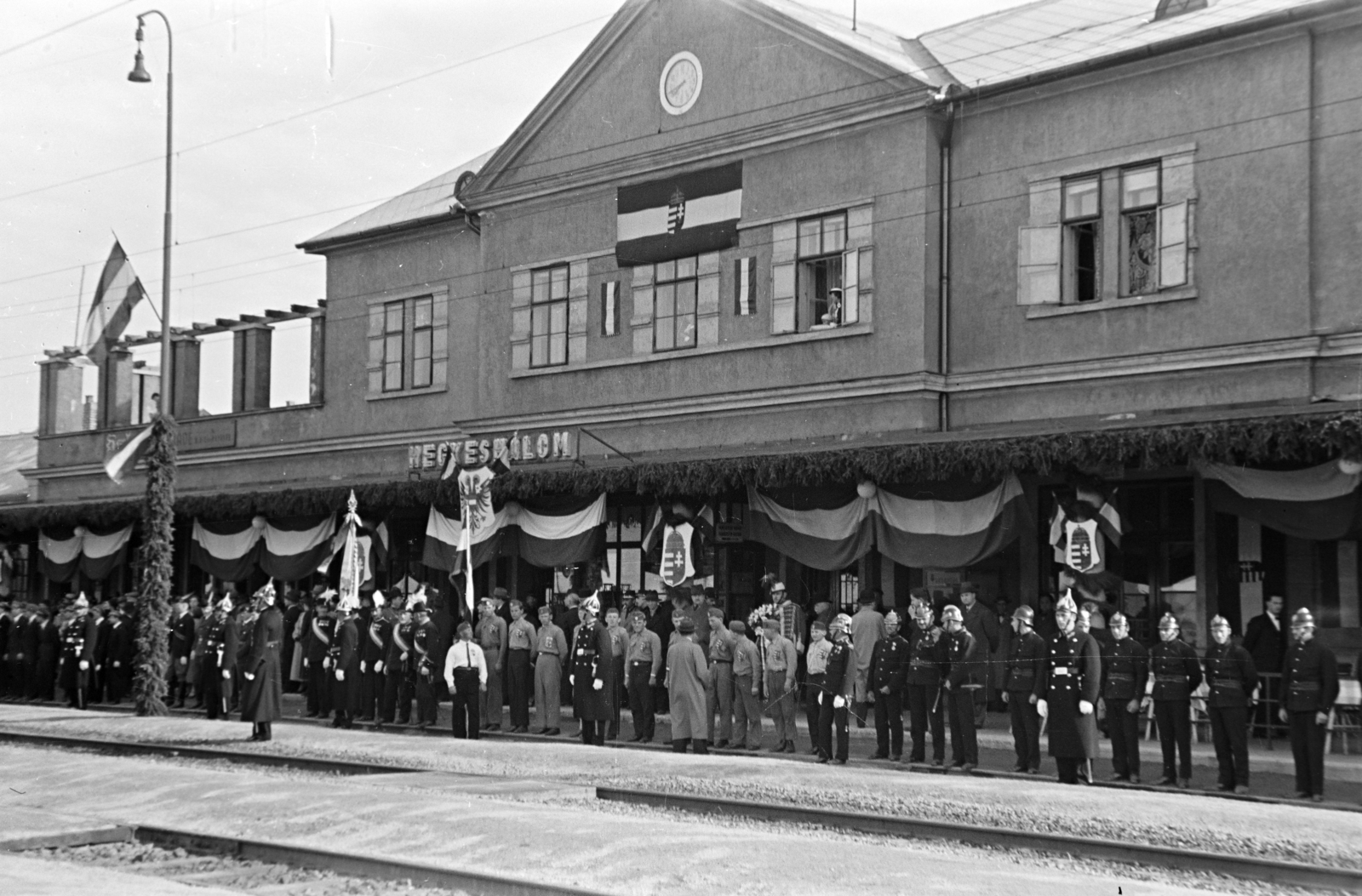 Magyarország, Hegyeshalom, vasútállomás, Wilhelm Miklas osztrák szövetségi elnök és feleségének díszes fogadtatása Budapestre történő utazásuk alkalmával., 1941, Nagy István, Nagy József, vasútállomás, Fortepan #264569
