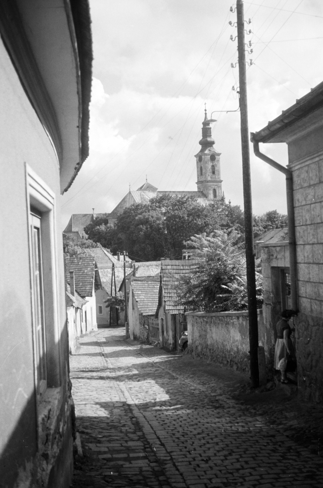 Magyarország, Szentendre, Bartók Béla utca a Rab Ráby tér felé nézve. A háttérben a Belgrád székesegyház (Görögkeleti Püspöki Főszékesegyház) látszik., 1959, Horváth József, utcakép, Fortepan #264955