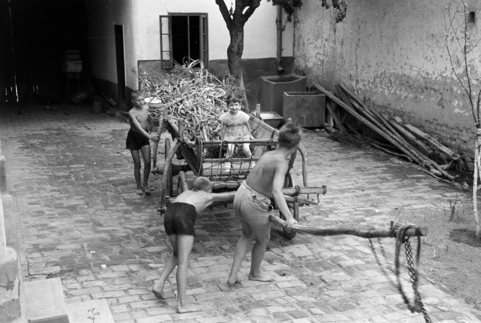 Hungary, Bátaszék, 1958, Horváth József, kids, yard, chariot, Fortepan #264965