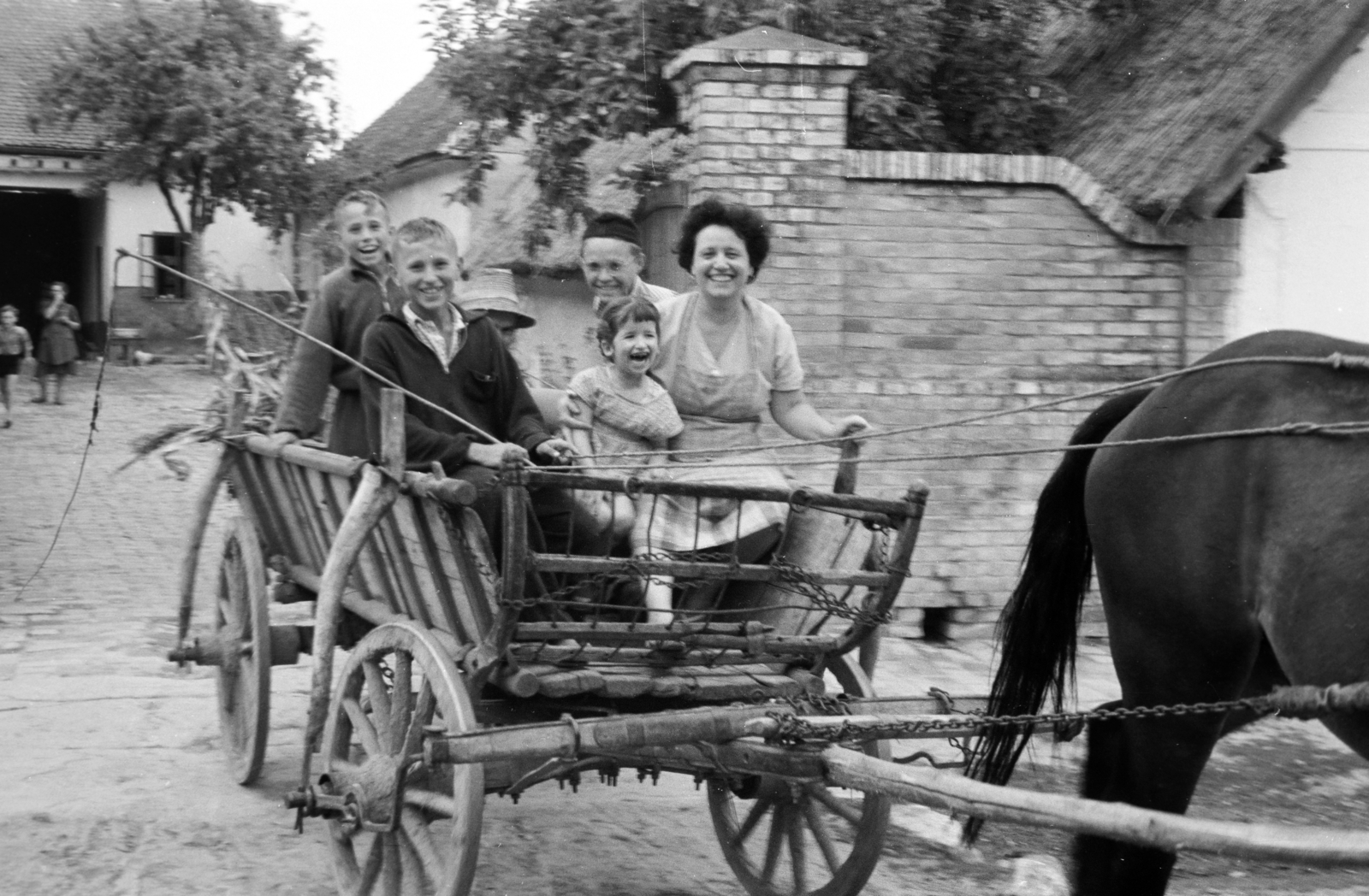 Hungary, Bátaszék, 1958, Horváth József, Best of, kids, mother, fun, whip, Horse-drawn carriage, Fortepan #264968
