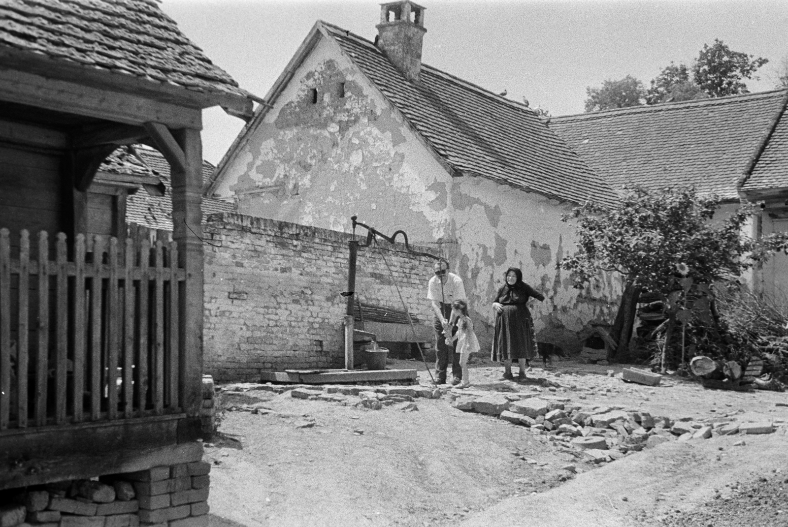 Hungary, Bátaszék, 1958, Horváth József, grandparent, dog house, well, yard, village, Fortepan #264971