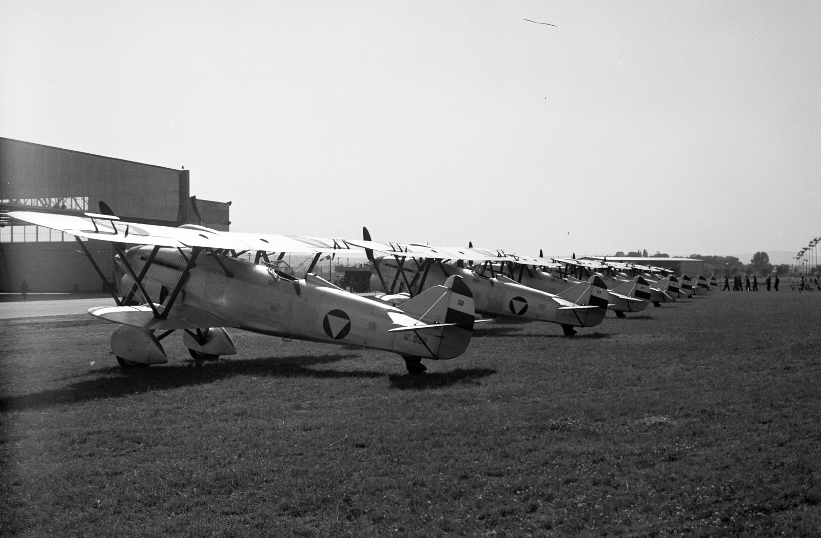 Hungary, Budaörs Airport, Budapest XI., a repülőtér megnyitó ünnepségére érkezett osztrák vadászrepülők Fiat CR.32 típusú repülőgépei., 1937, Horváth József, Budapest, Italian brand, insignia, airplane, biplane, Fortepan #266014