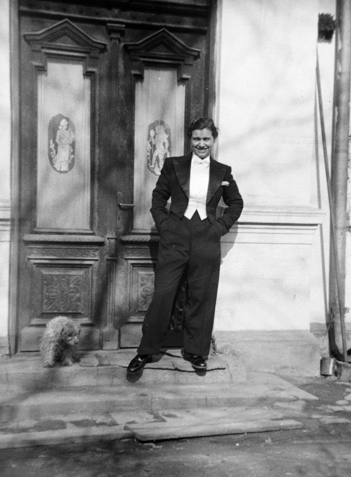 1936, Horváth József, white tie, hands in pockets, dog, cross-dressing, Fortepan #266051