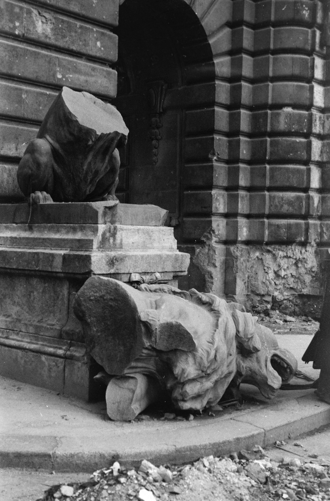 Magyarország, budai Vár, Budapest I., a Királyi Palota (később Budavári Palota), Oroszlános kapu., 1947, Vízkelety László, háborús kár, szobor, oroszlán, Budapest, Fortepan #266139