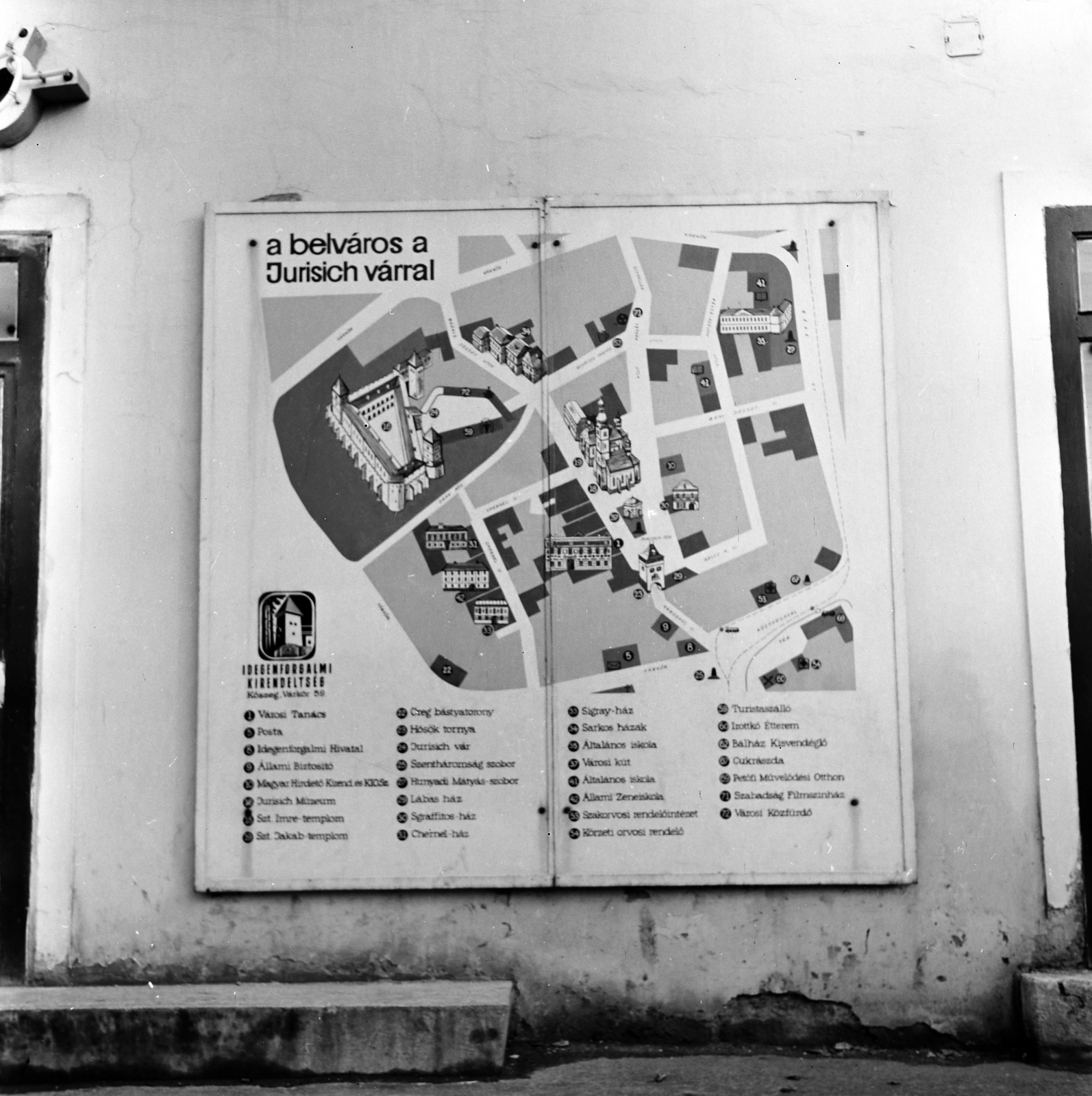 Hungary, Kőszeg, Várkör, a belváros térképe a 69-es számú Lauringer-házon., 1966, Szilvási hagyaték, map, Fortepan #266396